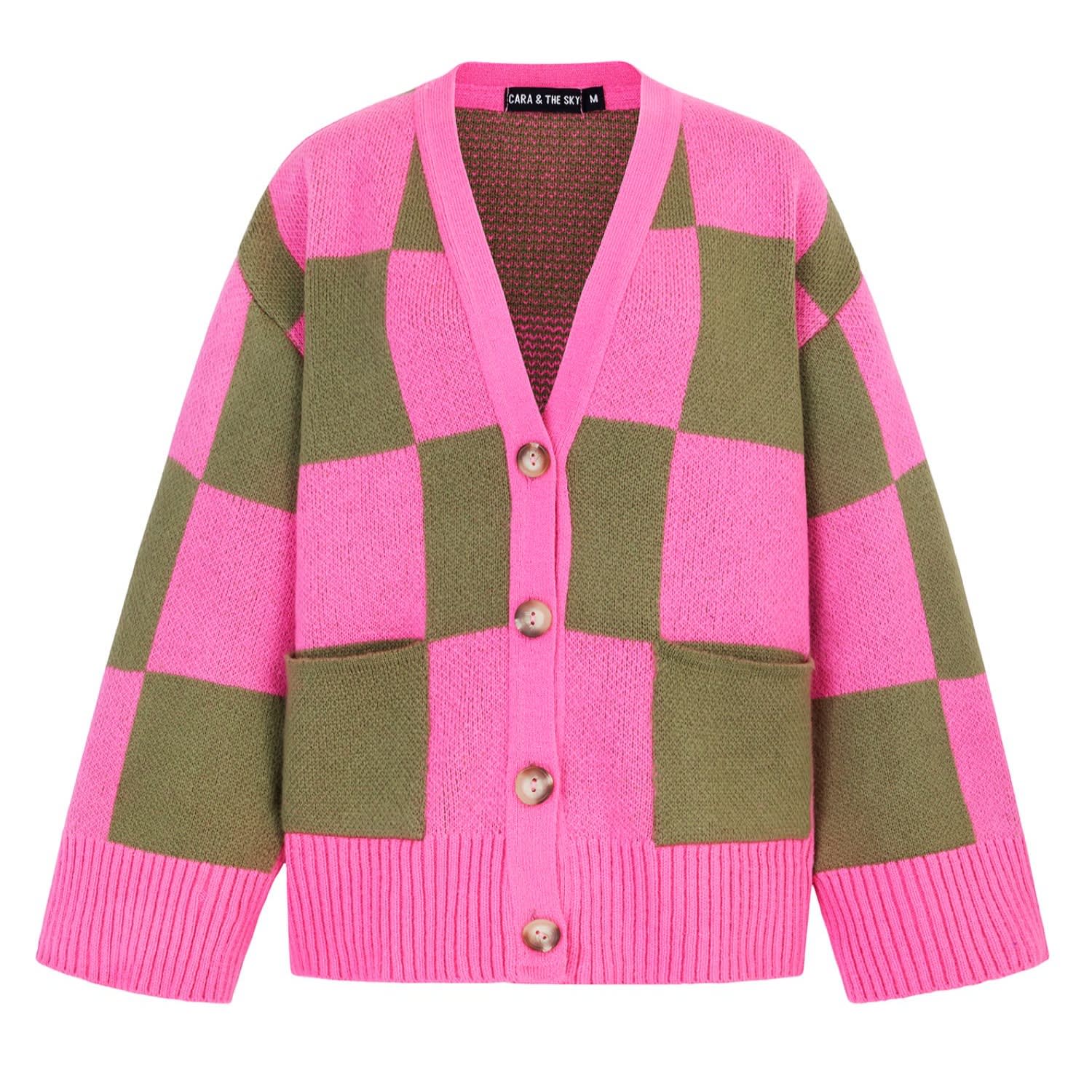 Cara & The Sky Women's Green / Pink Candice Wide Sleeve Checked Button Cardigan - Pink & Green In Multi
