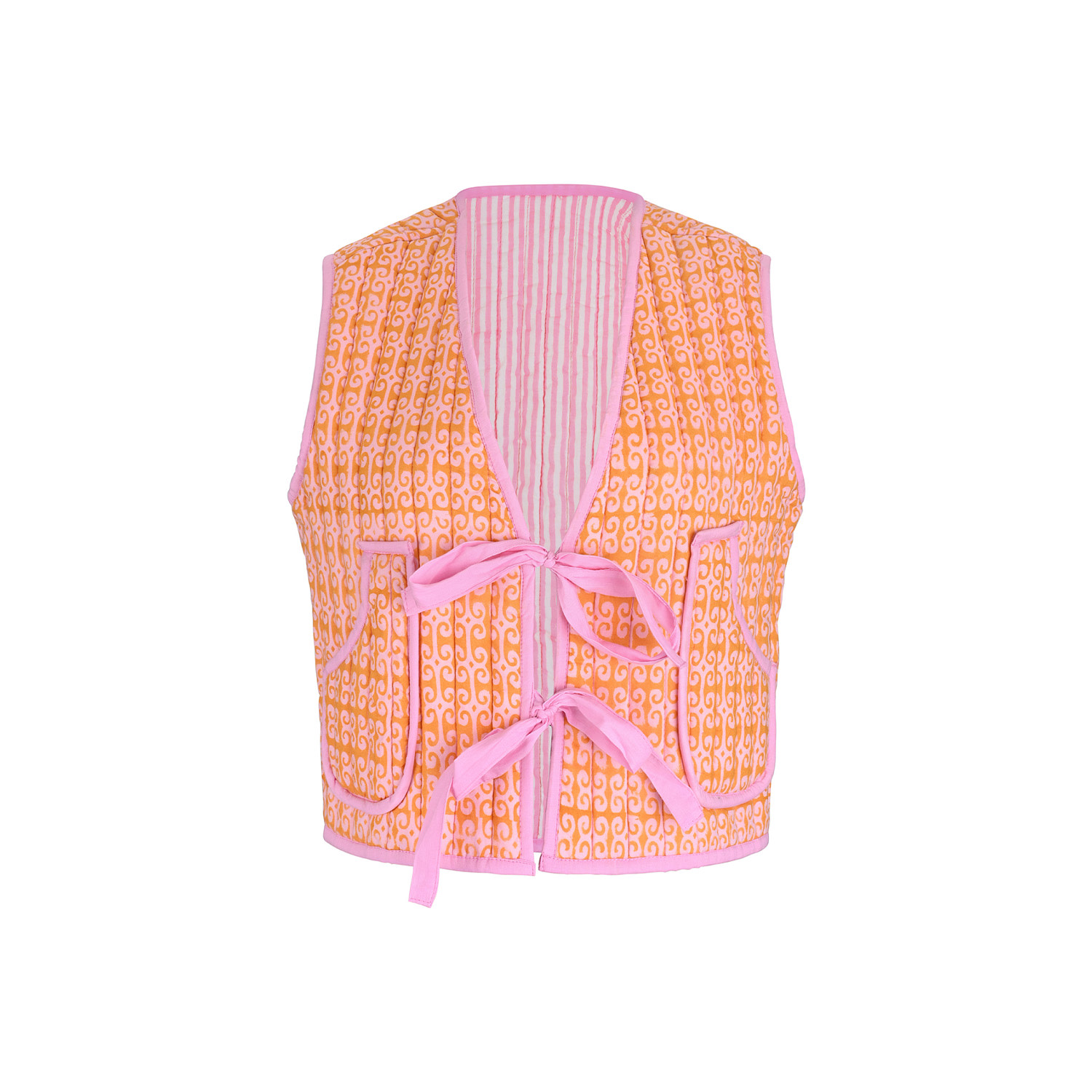 Women's Orange / Pink / White Masie Reversible Hand Block Print Cotton Crop Quilted Jacket | M/L | Echo of Pink