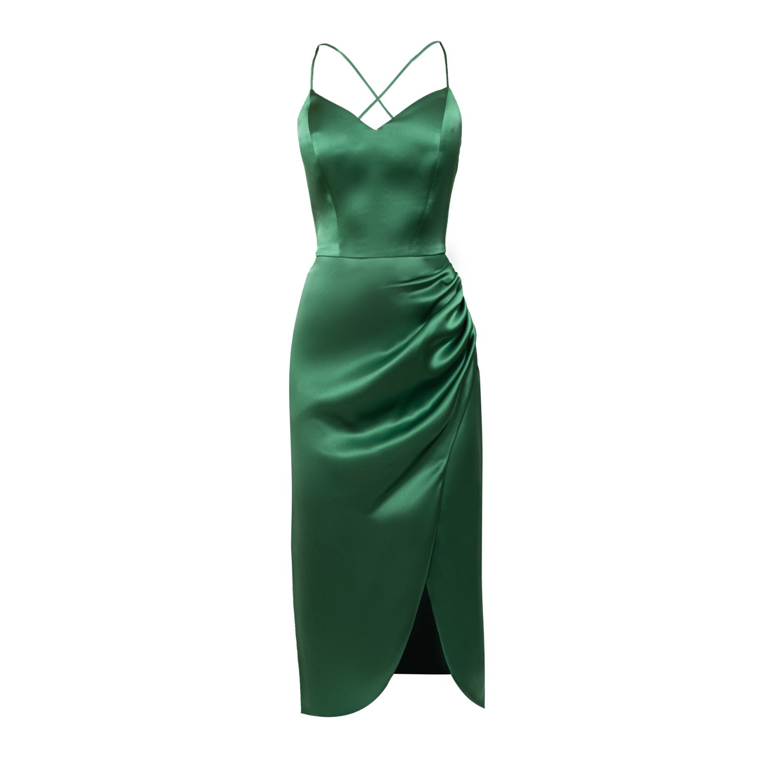 Shop Nomi Fame Women's Selena Green Satin Midi Dress With Straps And Draped Skirt