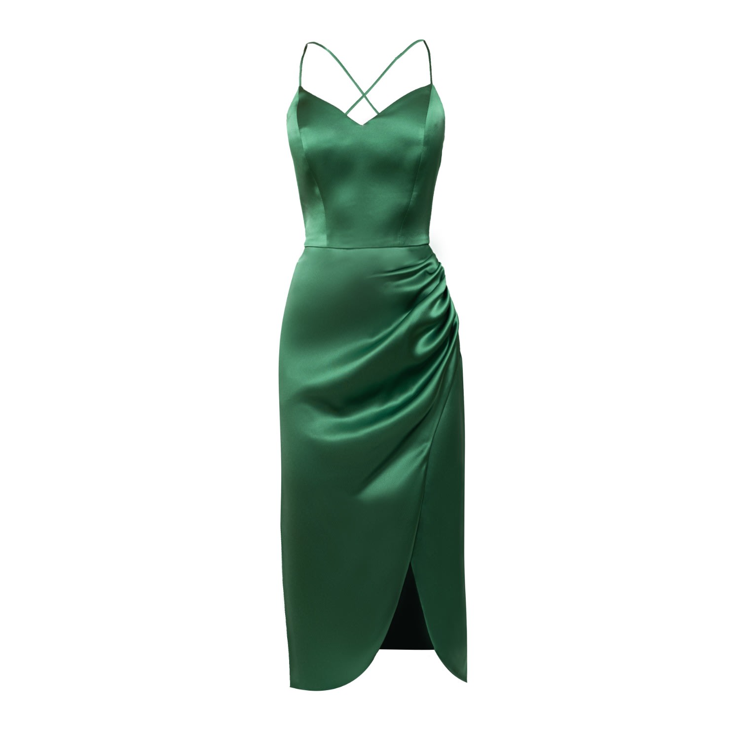 Women’s Selena Green Satin Midi Dress With Straps And Draped Skirt Extra Small Nomi Fame