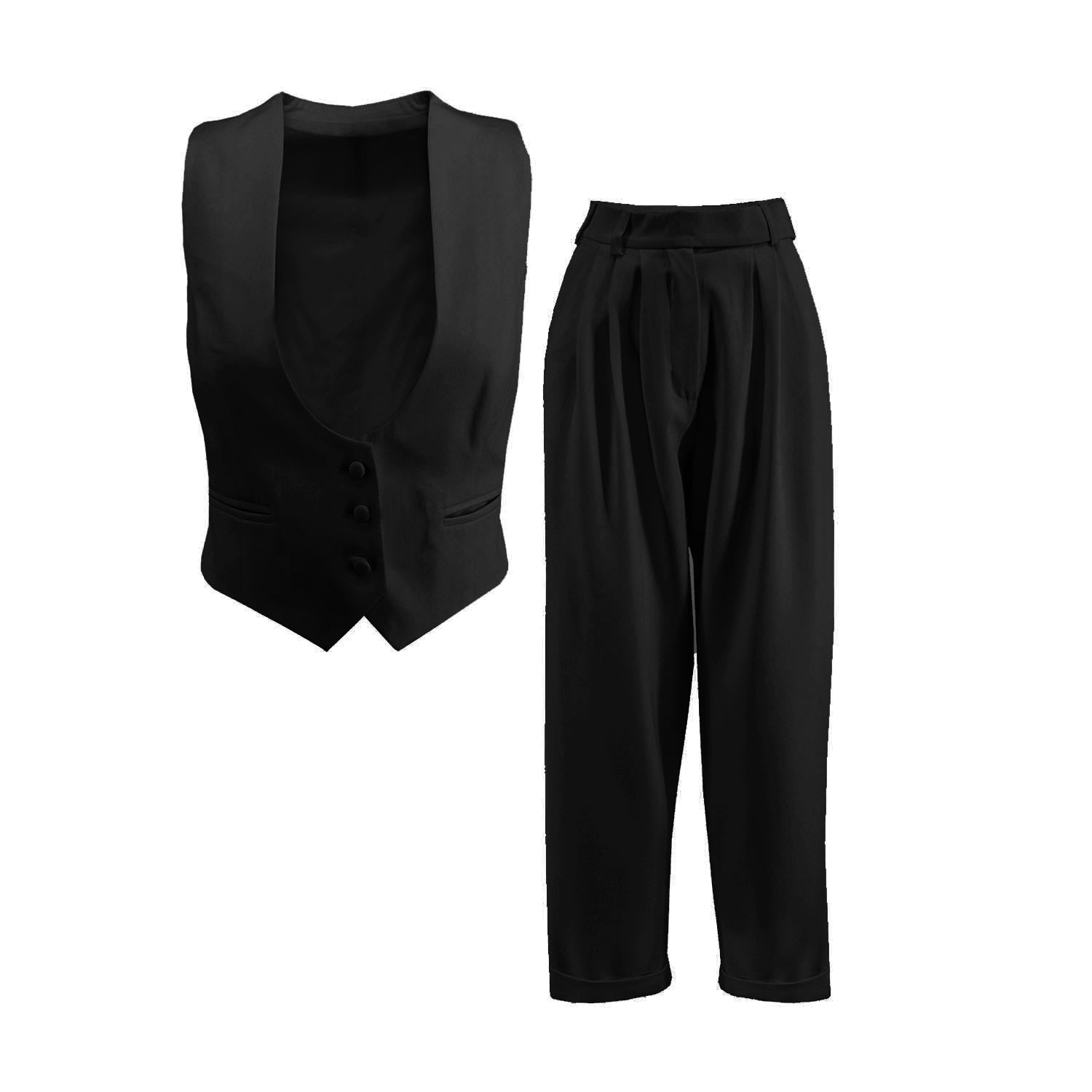 Bluzat Women's Black Suit With Vest And Cropped Trousers In Black