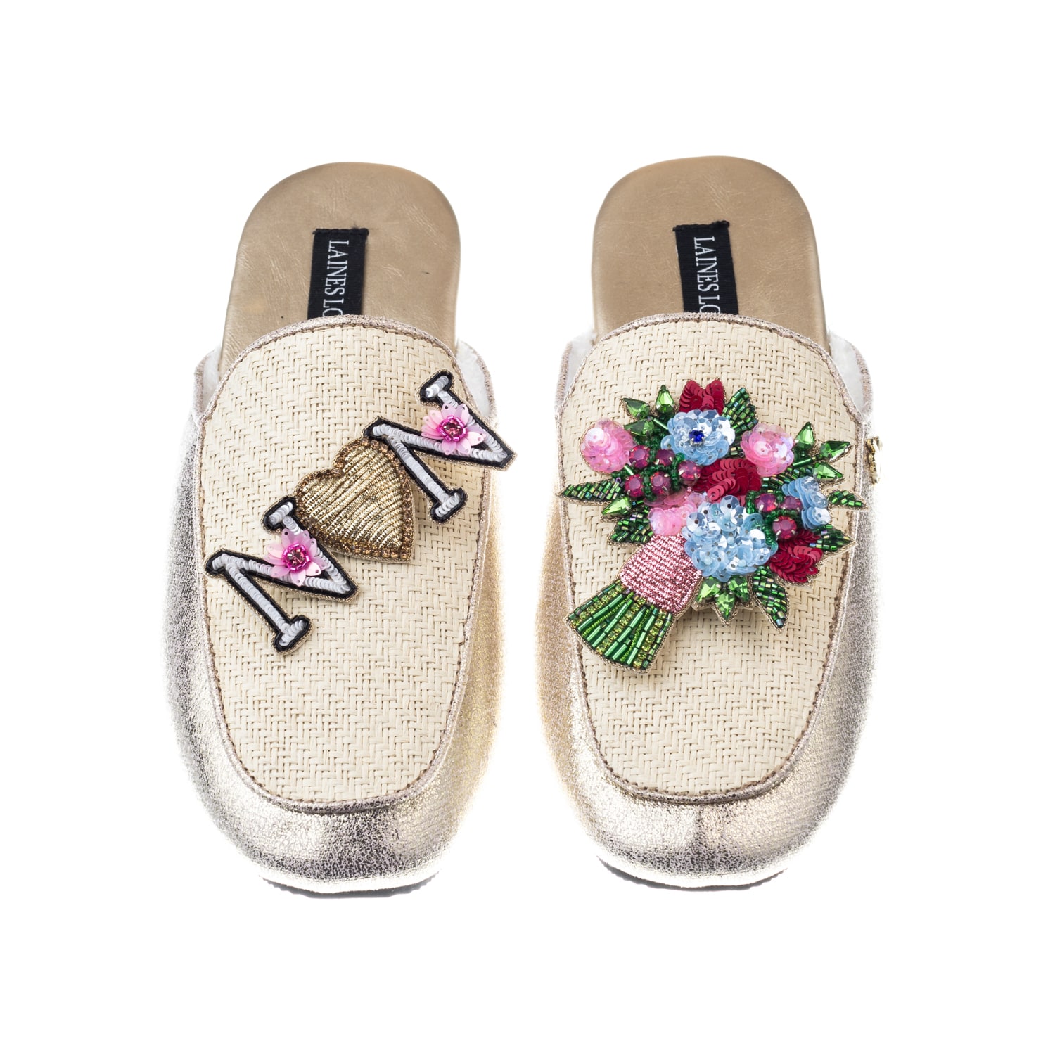 Women’s Gold / Neutrals Classic Mules With Flower Bouquet & Nan Brooches - Cream & Gold Extra Large Laines London