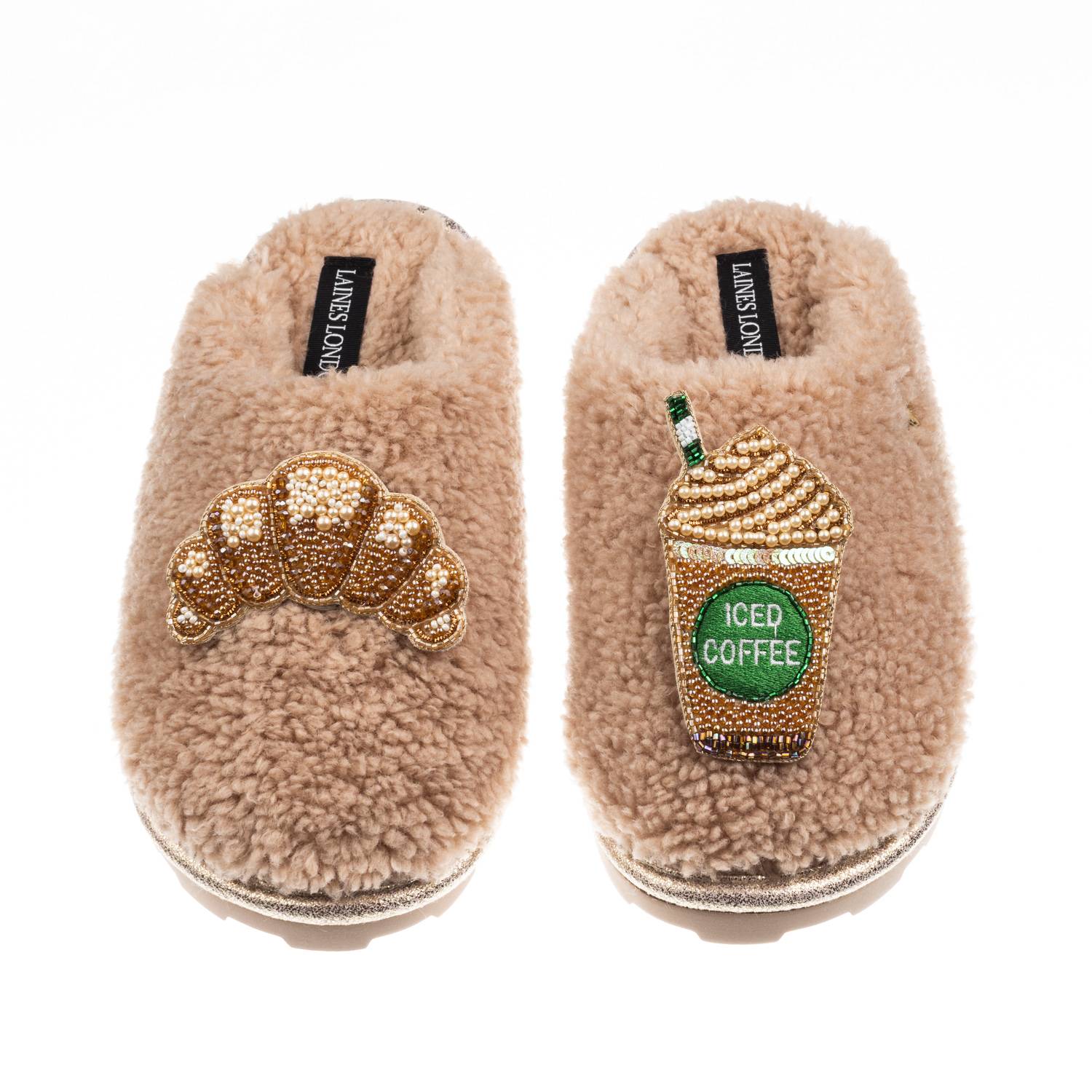 Laines London Women's Brown / Neutrals Teddy Closed Toe Slippers With Iced Coffee & Croissant Brooches - Toffee In Brown