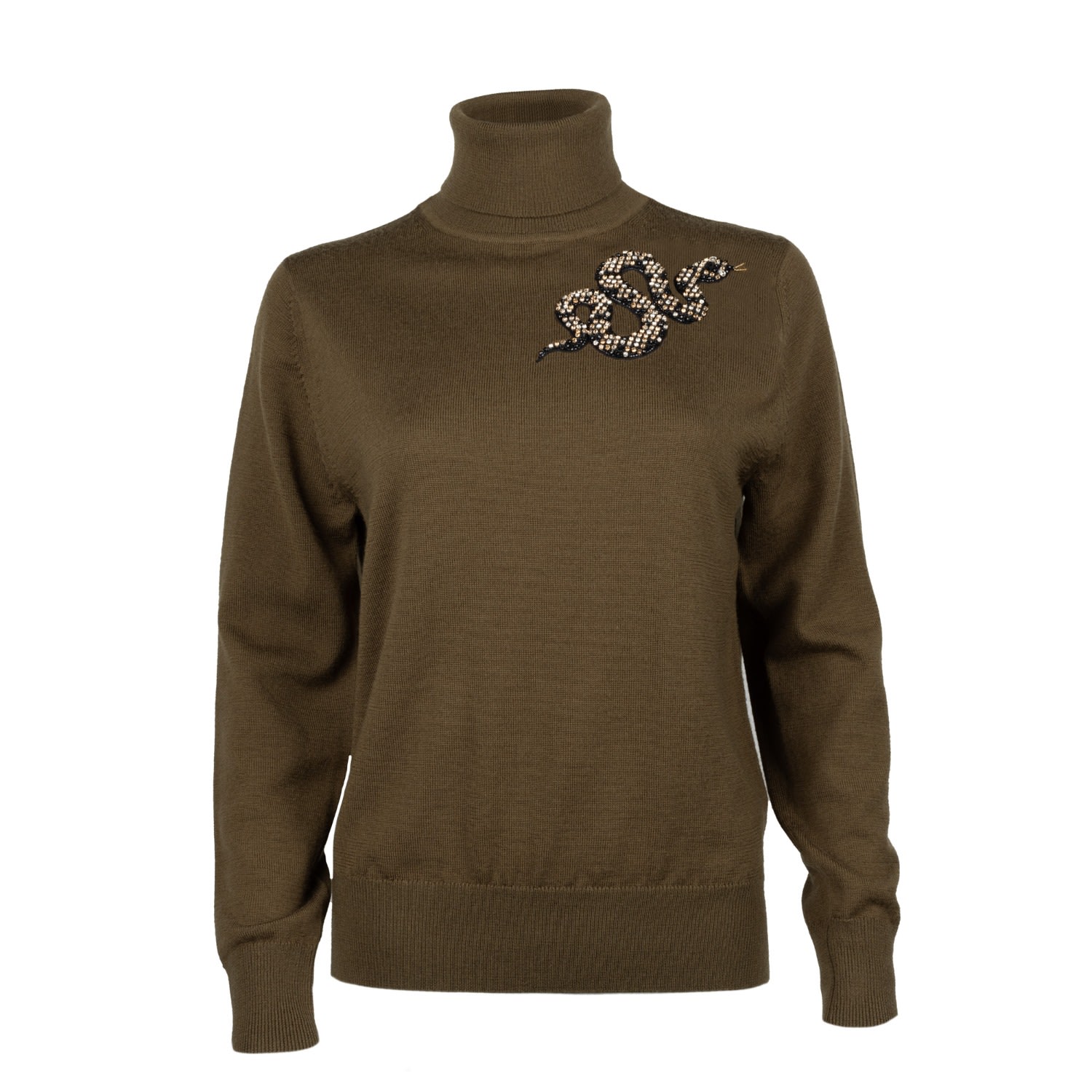 Laines London Women's Green Laines Couture Snake Embellished Knitted Roll Neck Jumper - Khaki In Green