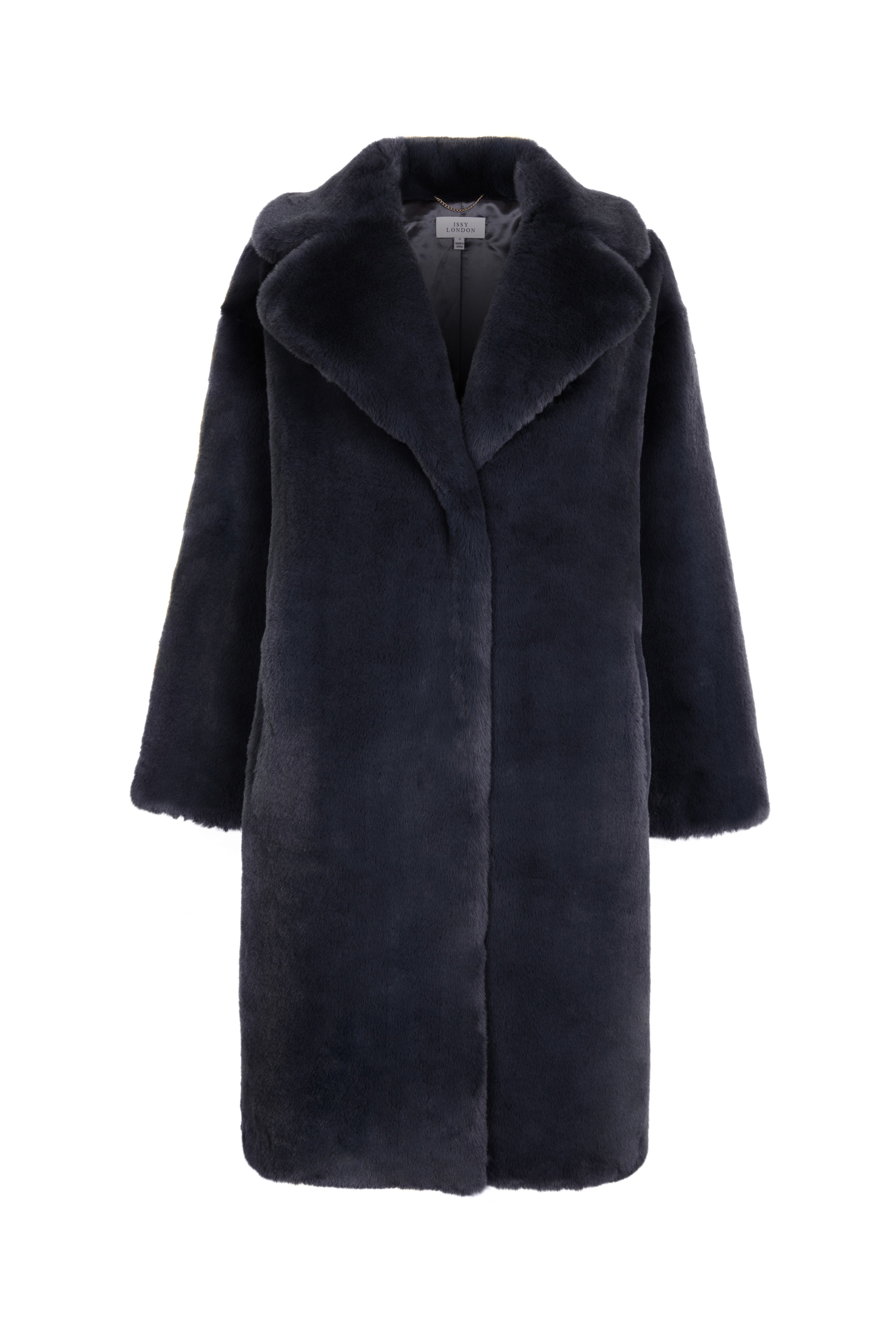 Women’s Greta Luxe Long Faux Fur Coat Slate Grey Medium Issy London