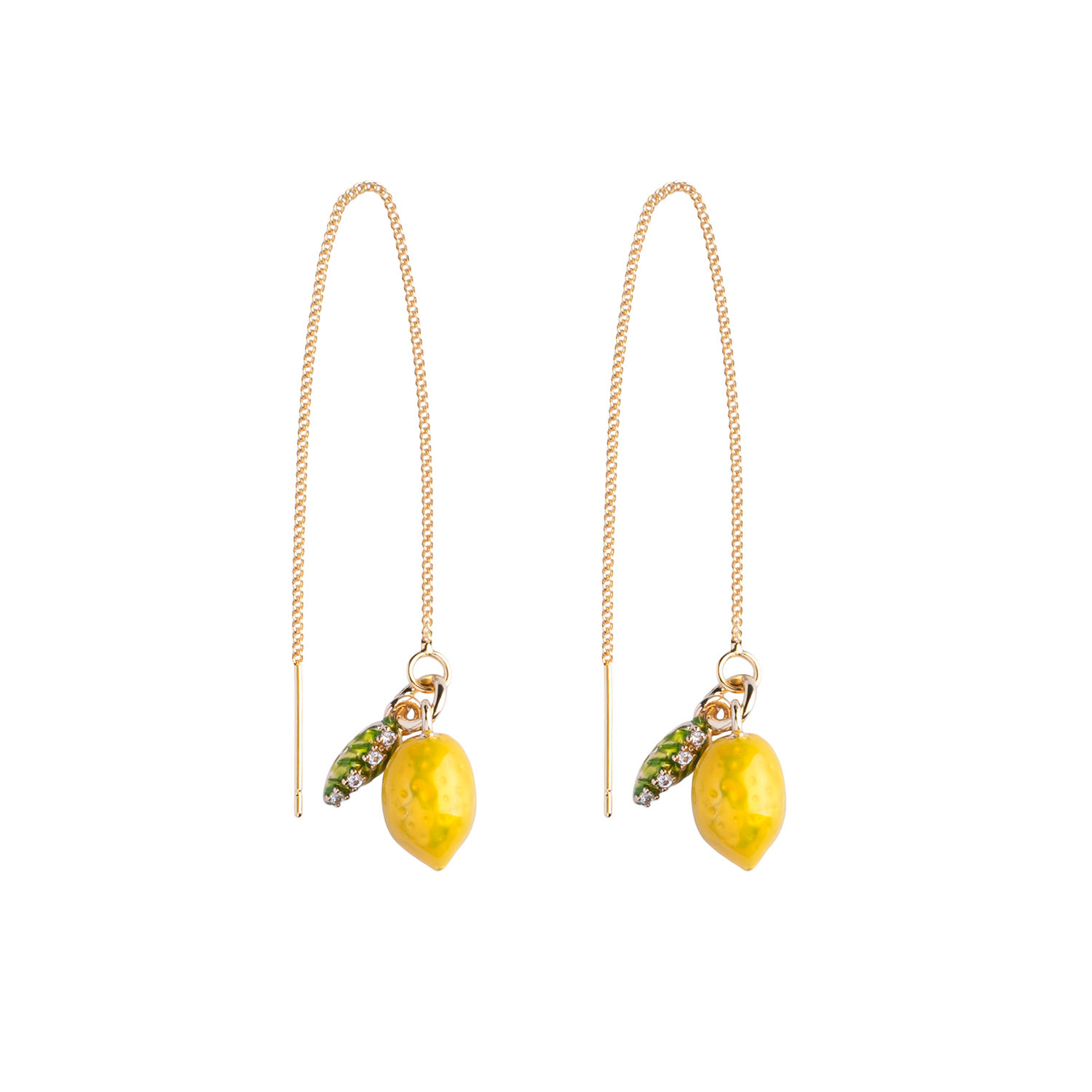 My Little Nature Women's Gold / Yellow Threader Earrings – Delicate Pull-through Dangling Earrings With Lemon In Gold