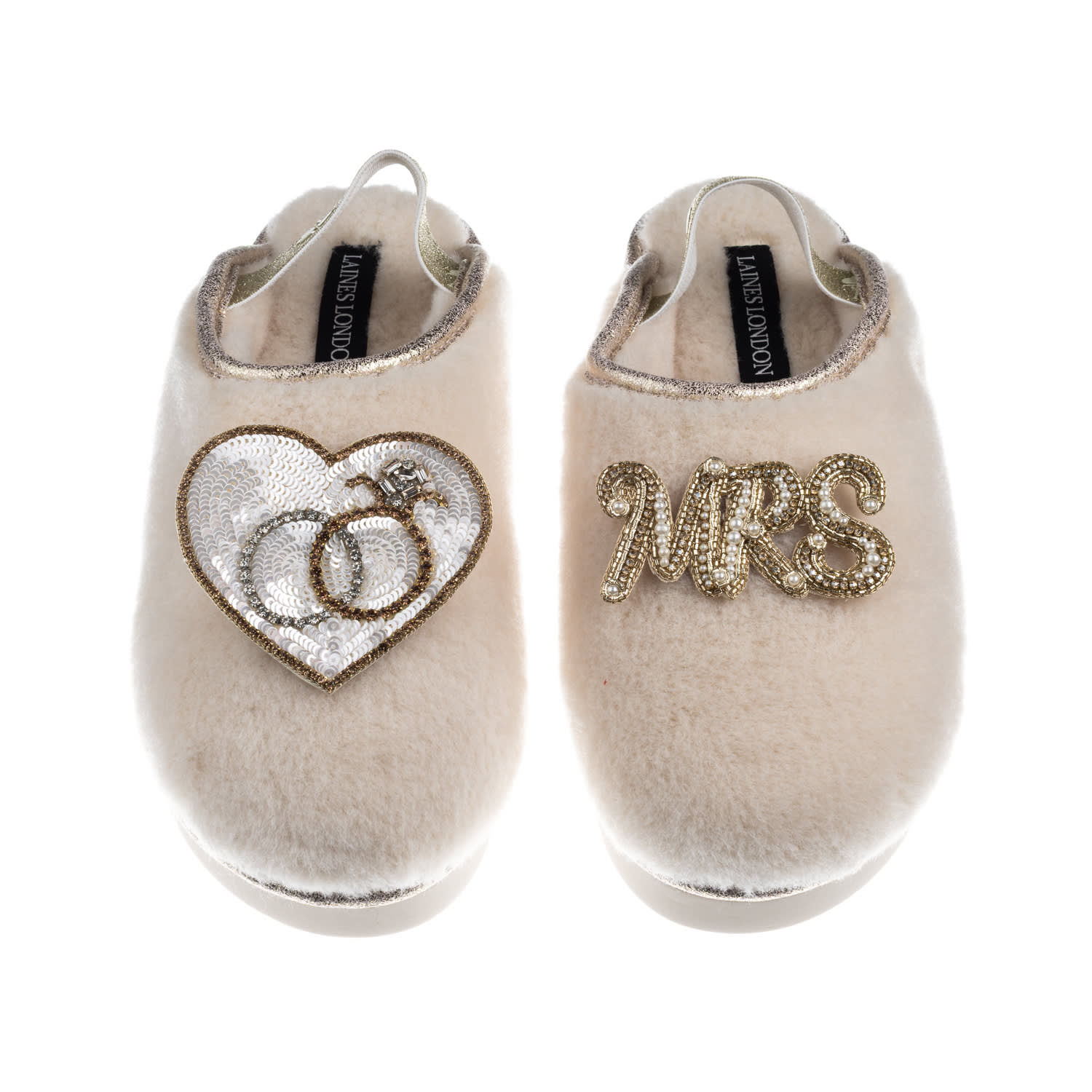 Laines London Women's Gold / Neutrals / White Flatform Cloud Slippers With Wedding Rings & Mrs Brooches - Cream In Neutral