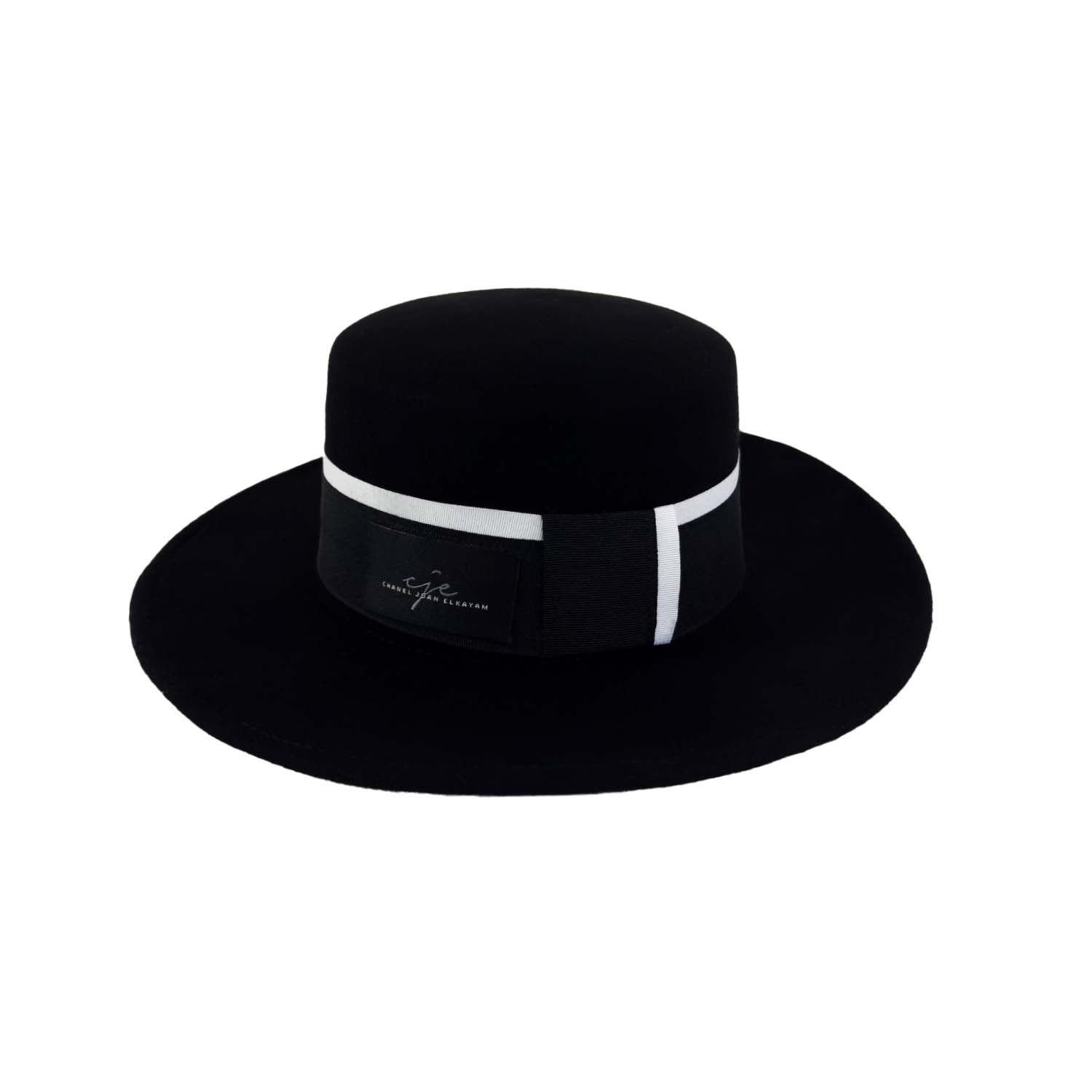 CHANEL JOAN ELKAYAM WOMEN'S HANDMADE BLACK & WHITE WOOL WIDE BRIM BOATER HAT