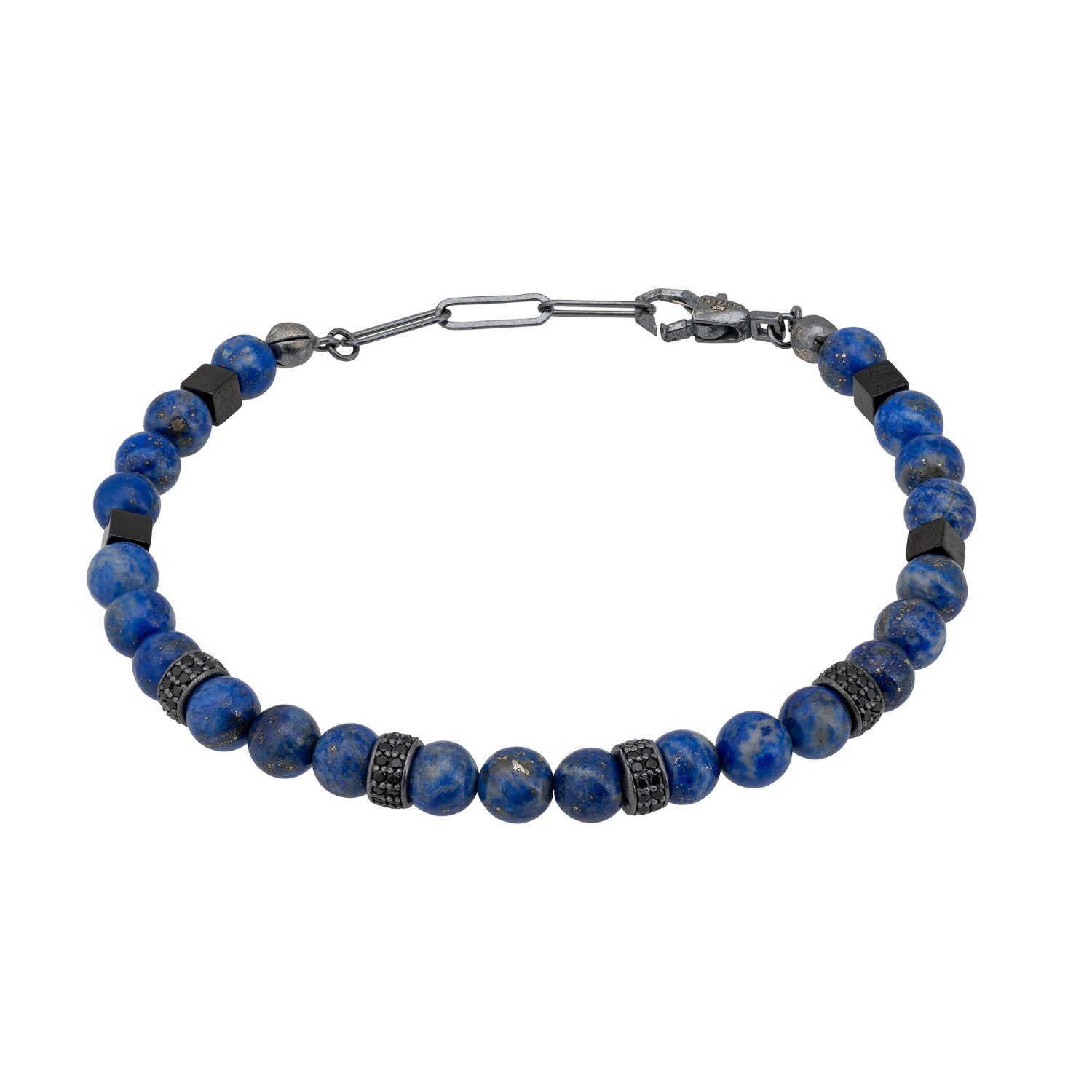 Black / Blue / Silver Beaded Bracelet Men’s Lapis Lazuli Silver Oxidised Latelita