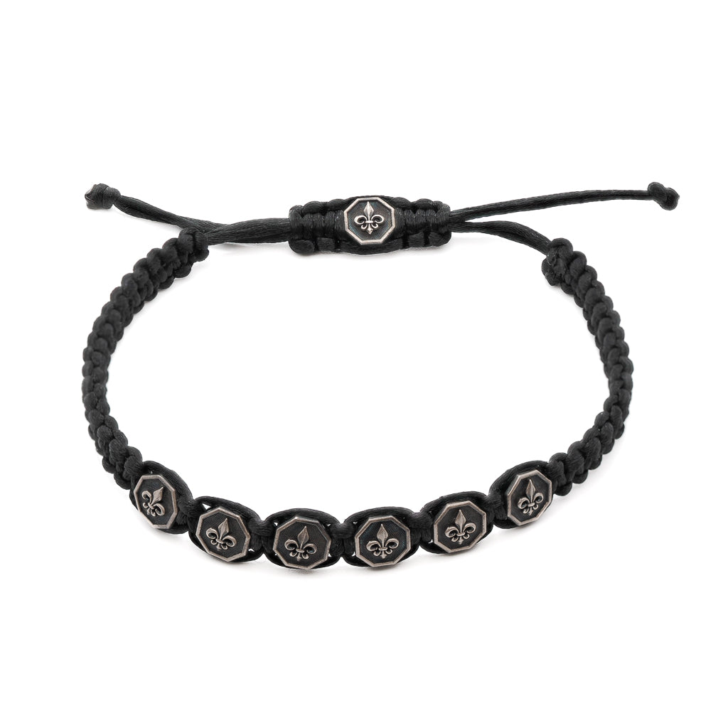 Black / Silver Fleur De Lis Woven Men Bracelet Ebru Jewelry