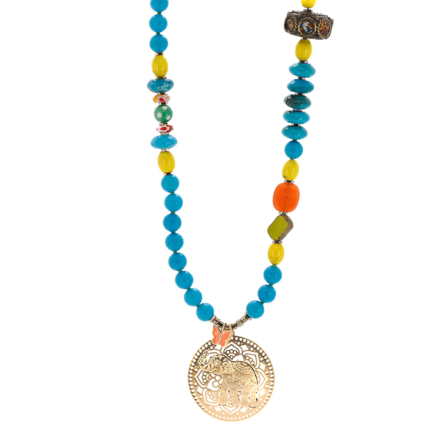 Women’s Gold / Blue Colorful Therapy Lucky Elephant Turquoise Beaded Necklace - Multicolor Ebru Jewelry