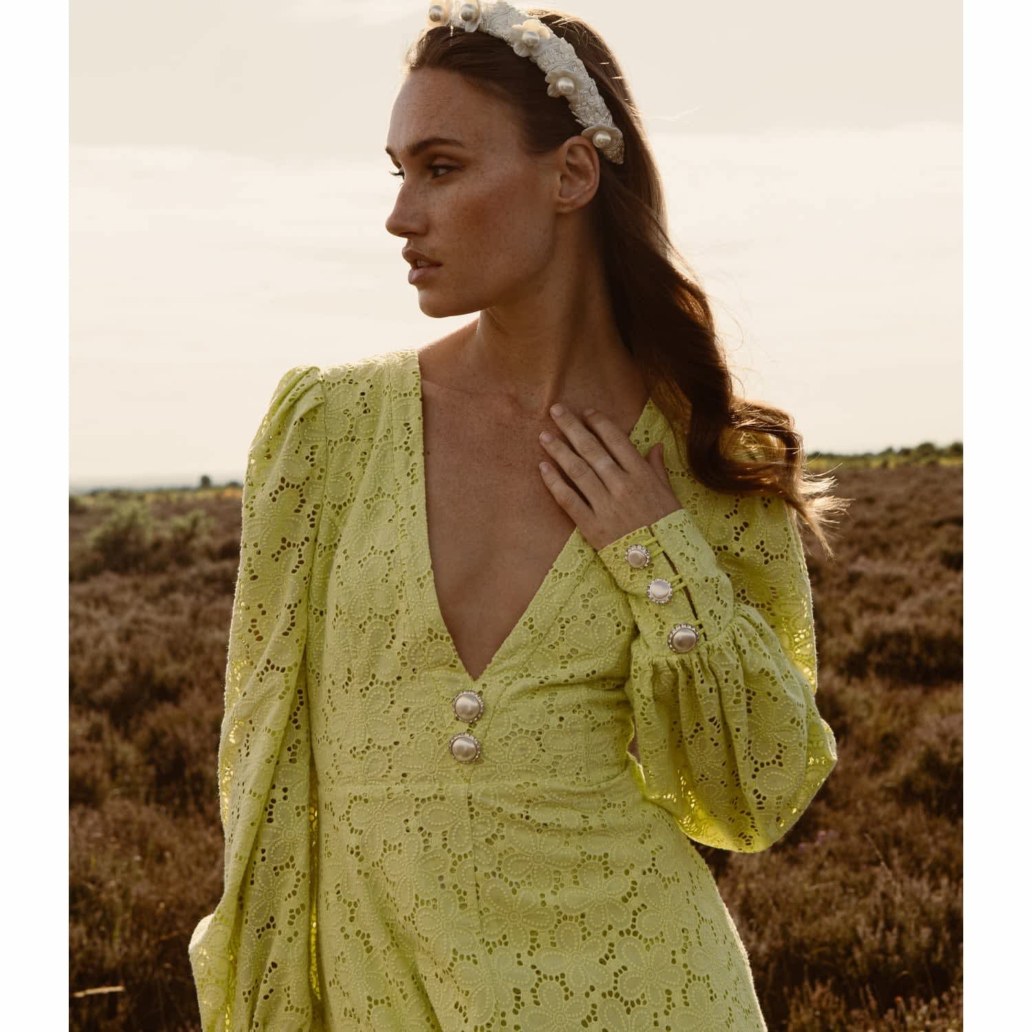 Adiba Verna Lime Green Eyelet Long Dress - Green - Xs