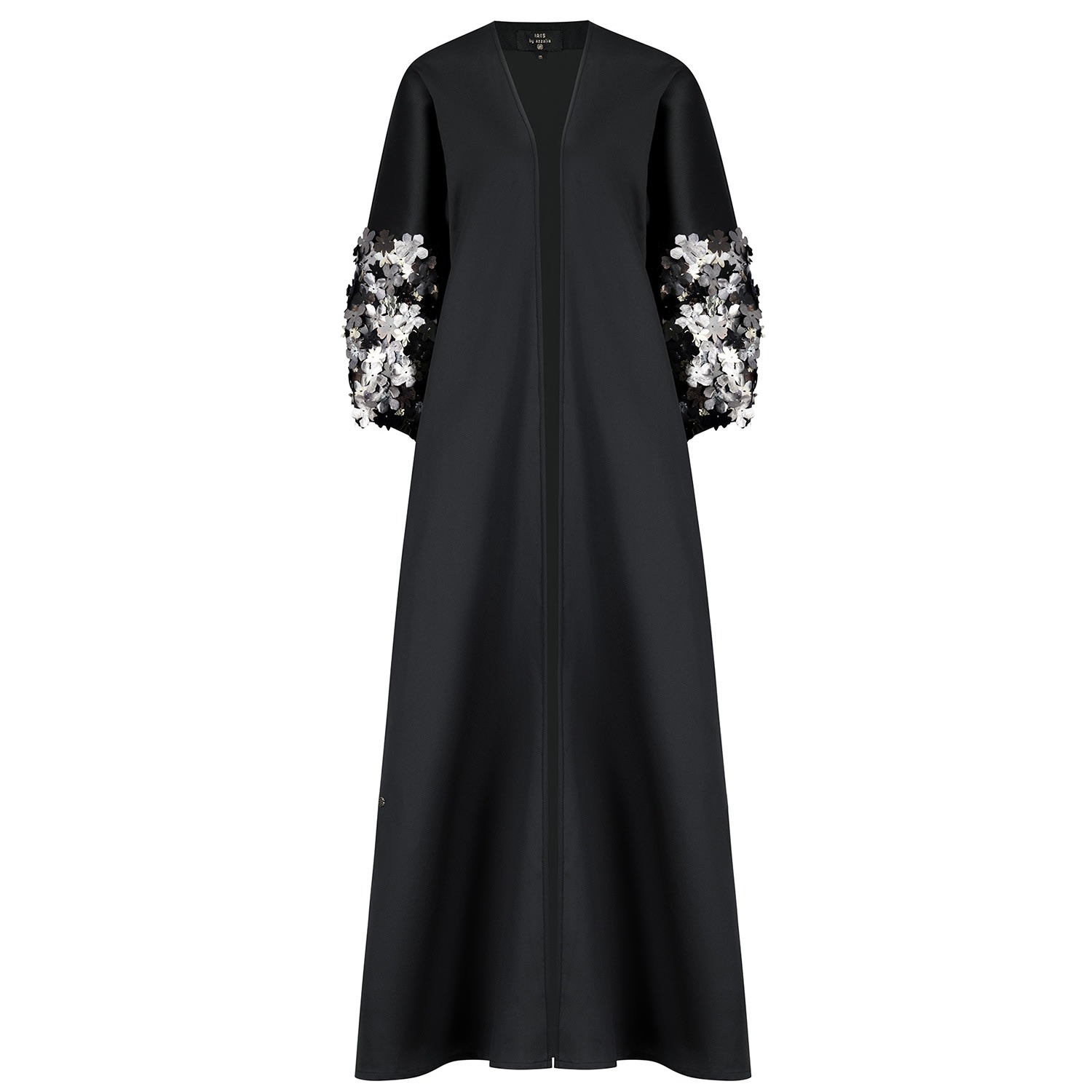 Women’s Black Mikado Abaya With Puffed Sleeves With Metalic Embroidered Floral Motifs Small Azzalia