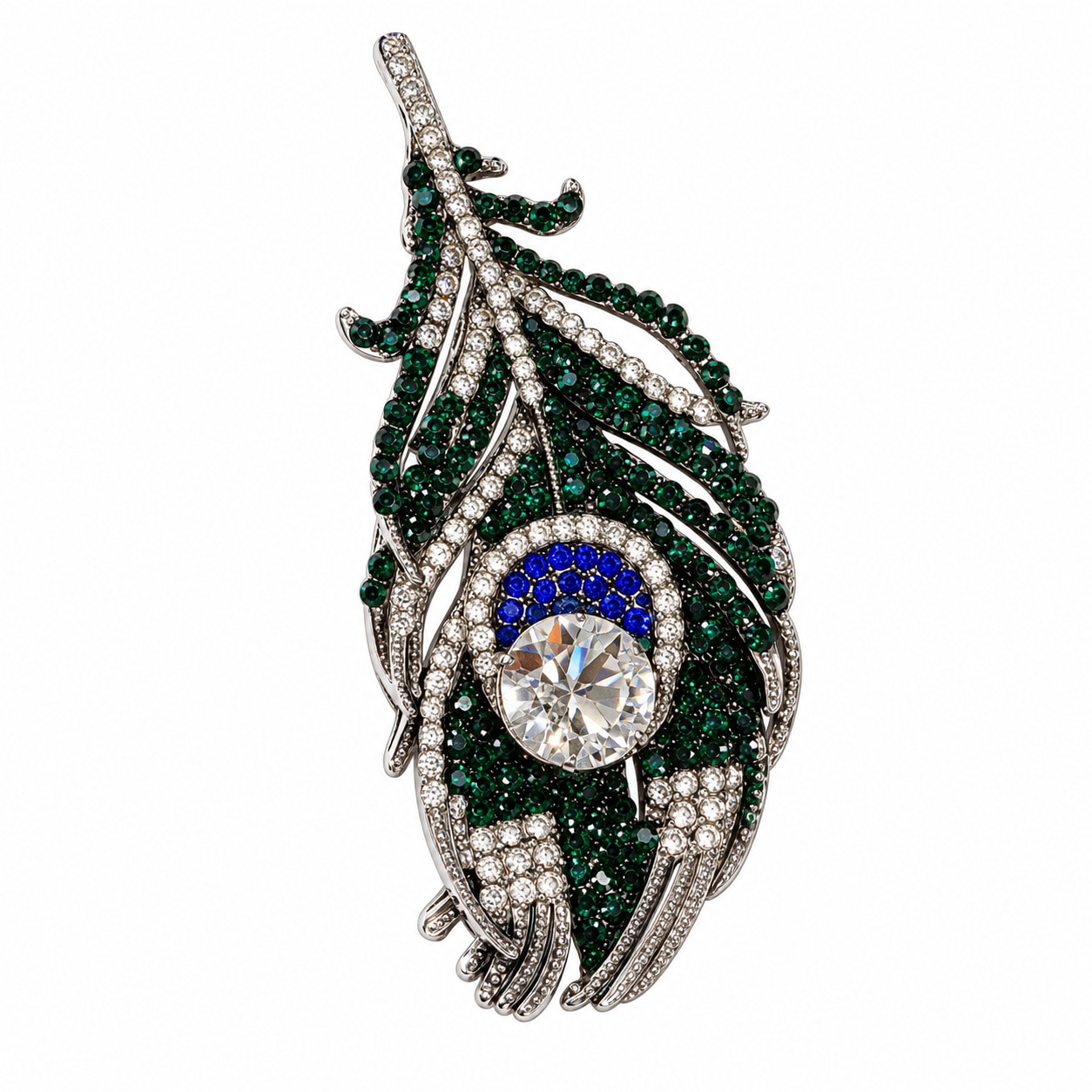 Women's Green / Blue / Silver Emerald Vision Sapphire Blue Crystal Peacock Feather Silver-Tone Statement Brooch - Green | By Ozge