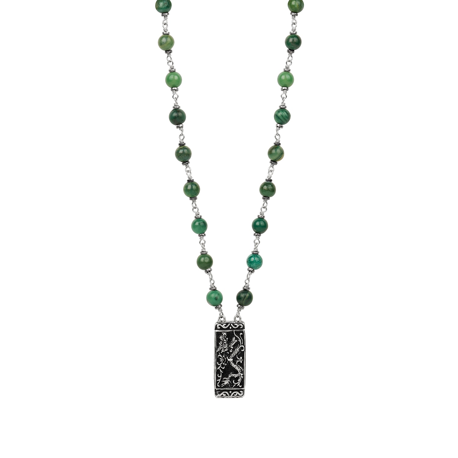 Karma And Luck Men's Green / Silver Mystical Power - Jade Stone Dragon Charm Necklace