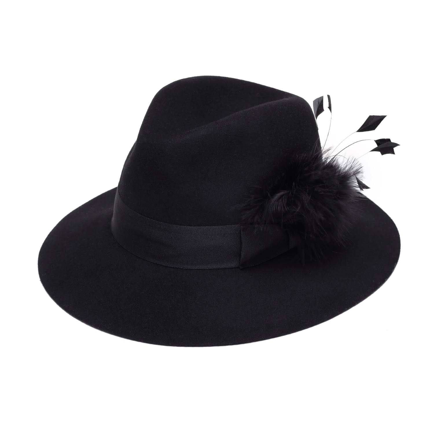 Women’s Black Wide Fedora With Feathers Small Justine Hats