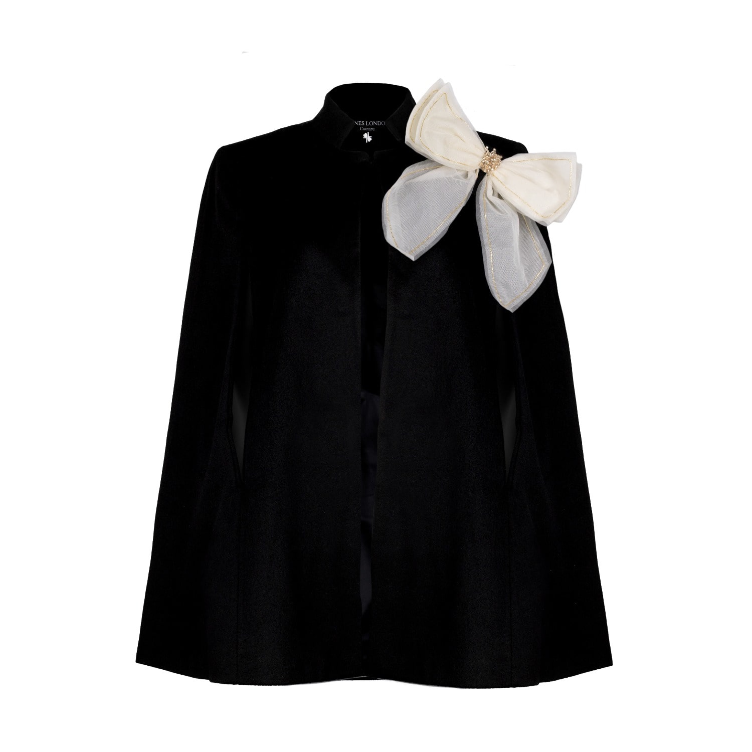 Laines London Women's Black / Neutrals / White Laines Couture Wool Blend Cape With Embellished Cream & Gold Bow -  In Multi