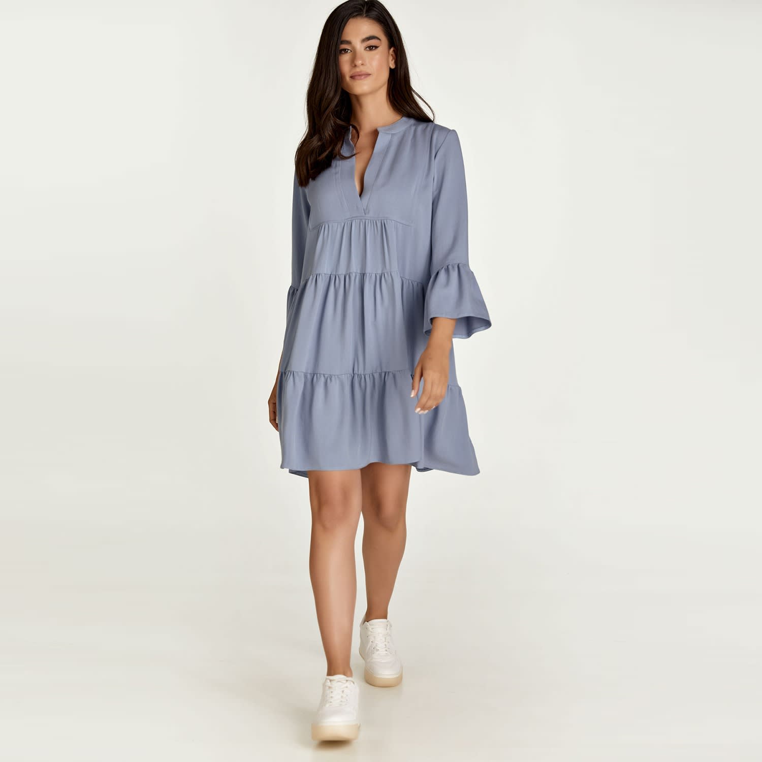 Sky Blue Texture Print Dress - ALOFI - Women Designer Dresses