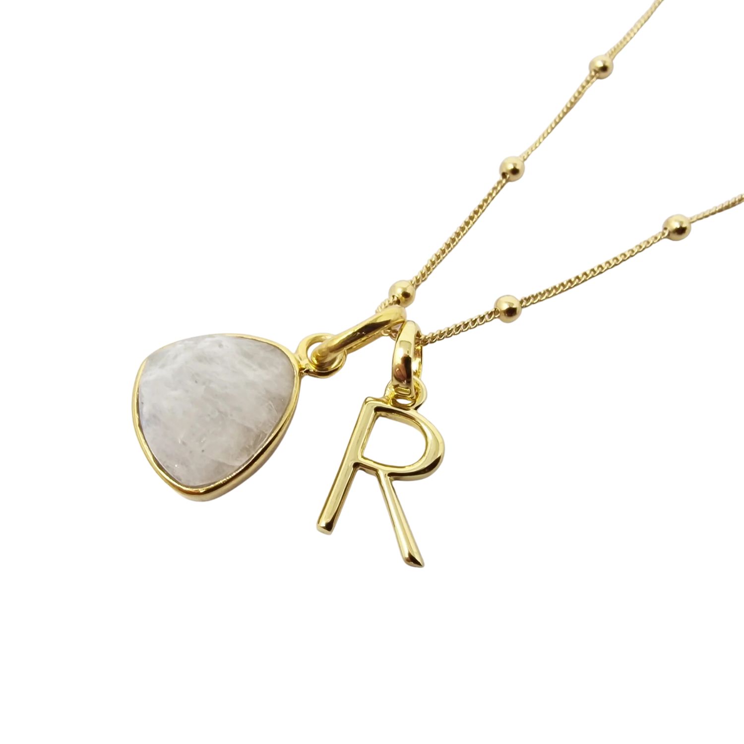 Women’s White / Gold Gold Vermeil Plated Moonstone Initial Charm Necklace Harfi