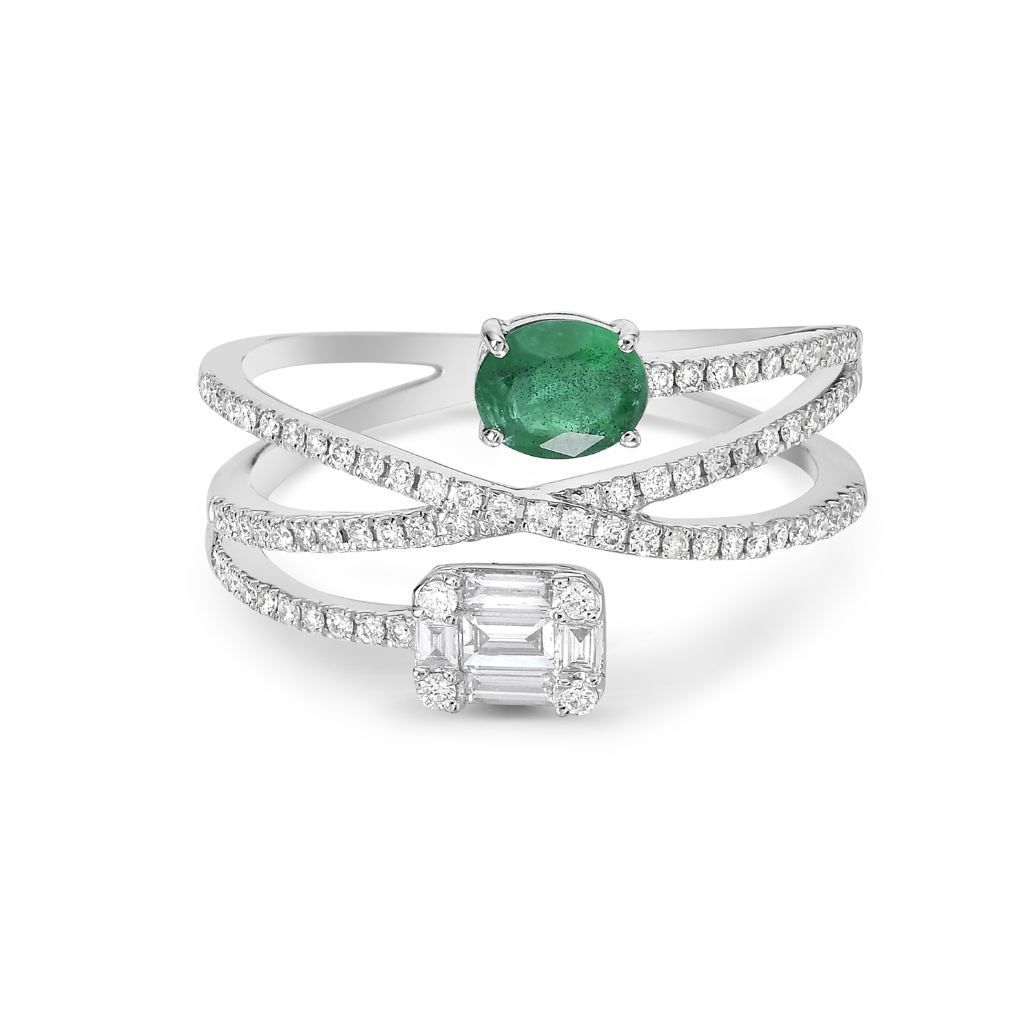 Women’s Handmade 18K White Gold Diamond Emerald Cross Ring Artisan