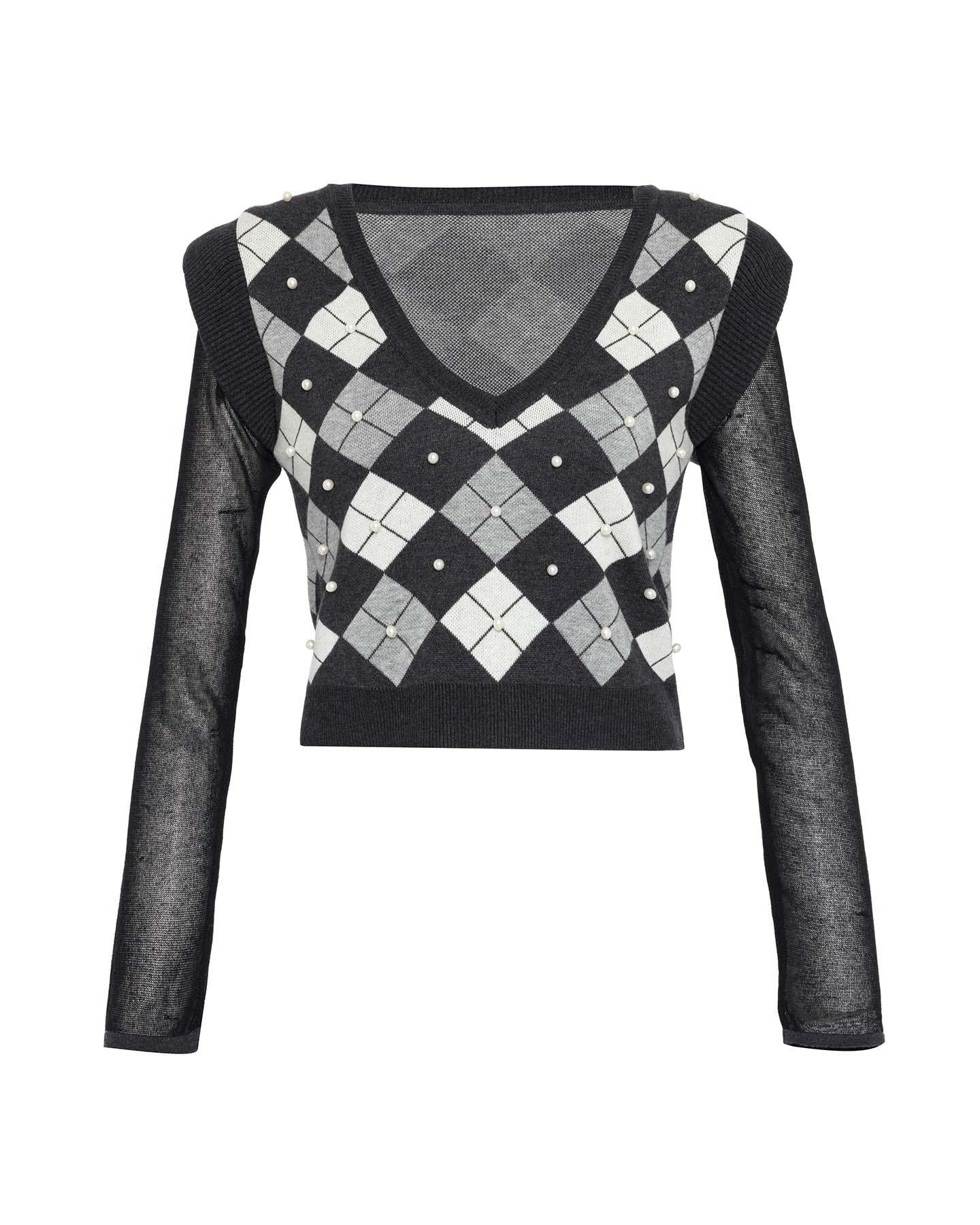 Theo The Label Women's Black / Grey Nomia Plaid Pearly V-neck Sweater In Black/grey