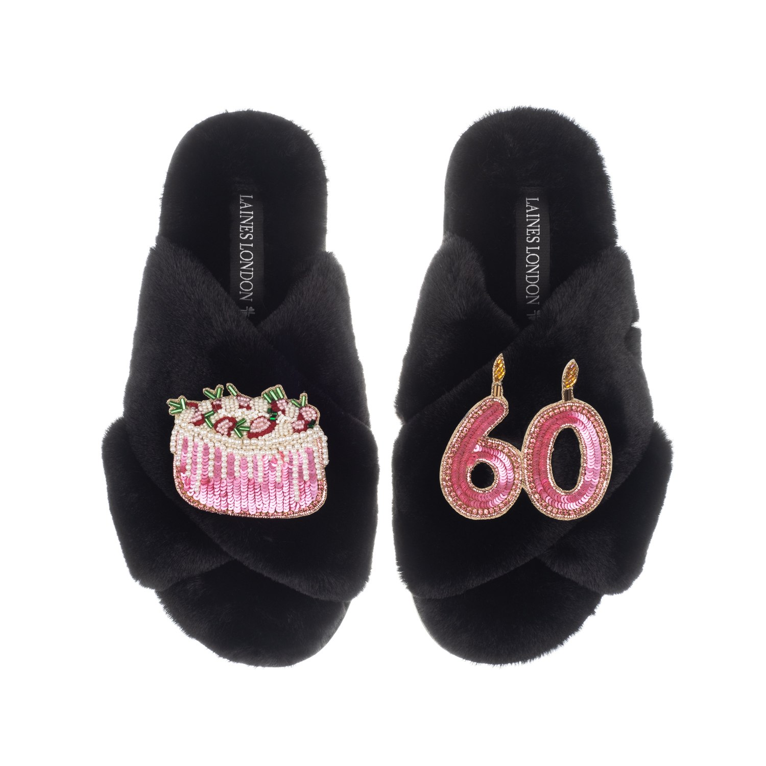 Laines London Women's Classic Laines Slippers With 60th Birthday & Cake Brooches - Black In Black