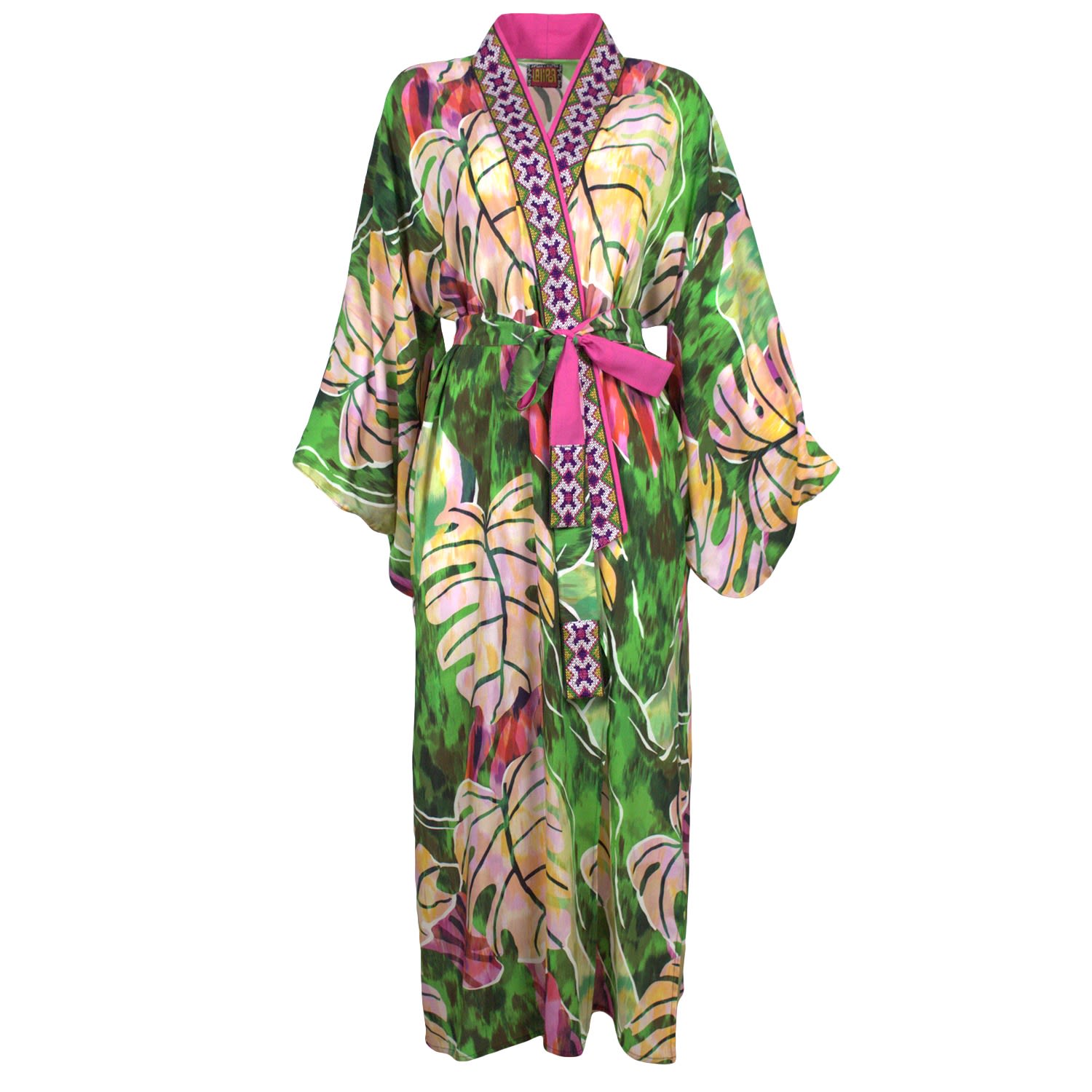 Women’s Multi-Color Leaves Print Kimono Embellished With Embroidery Details One Size Lalipop Design