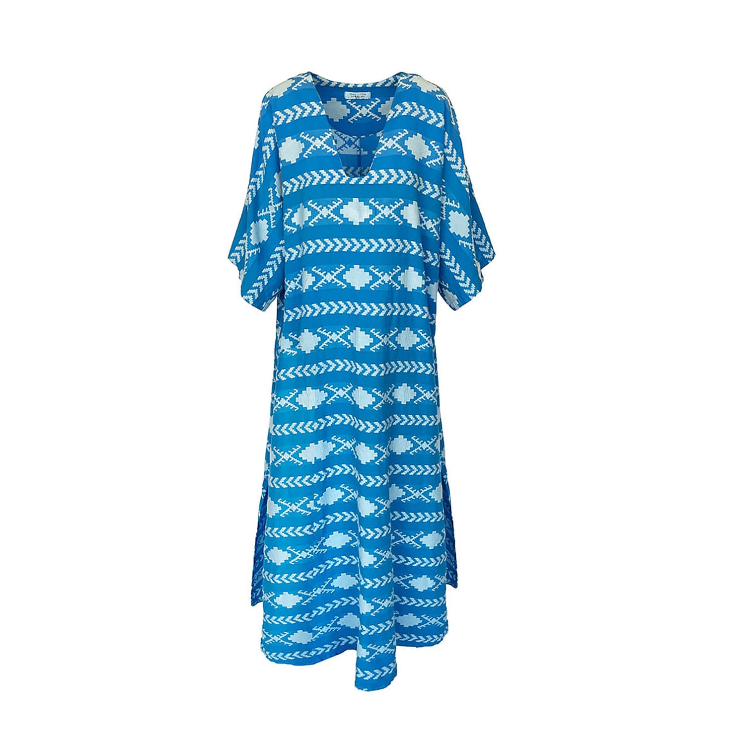 Women’s Embroidered Cotton Kaftan - Santorini Blue White S/M Haris Cotton