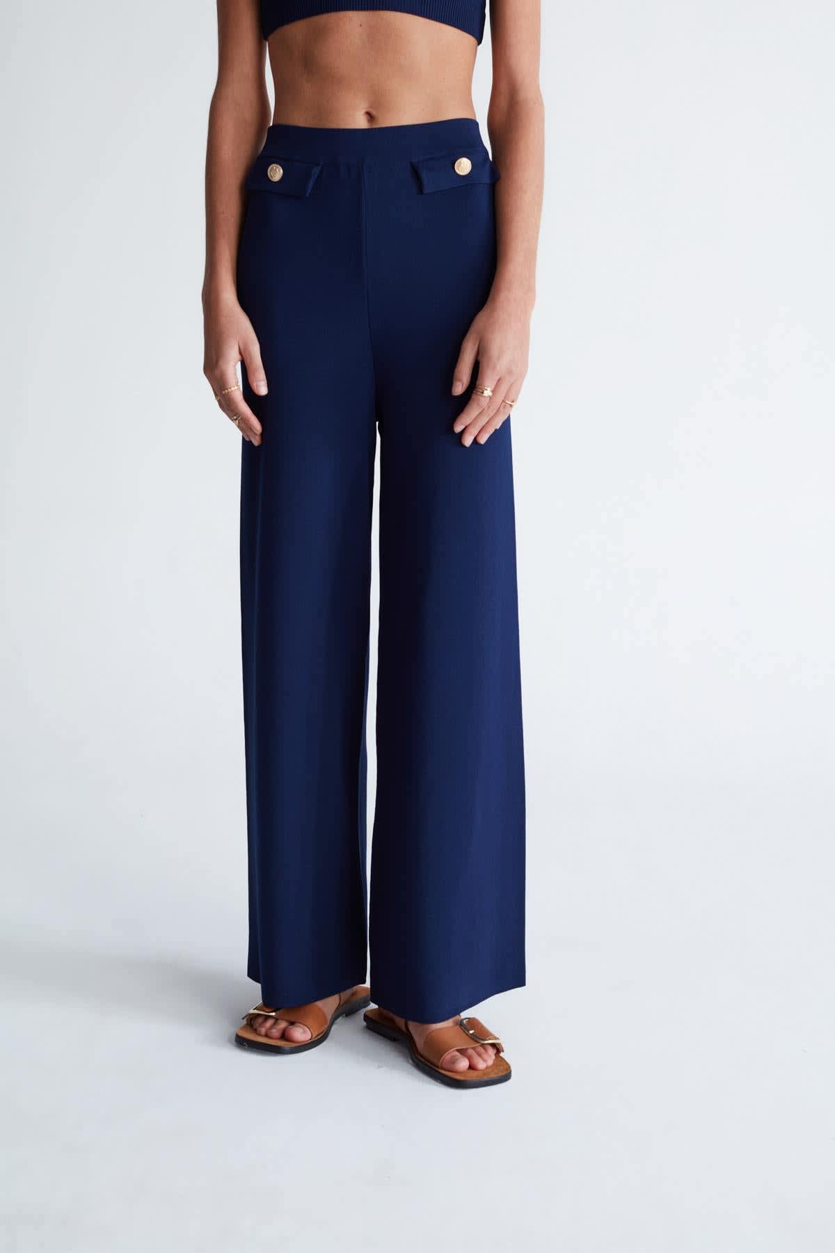 Marlene Trouser Button Detailed Knit Pants In Navy by Peraluna