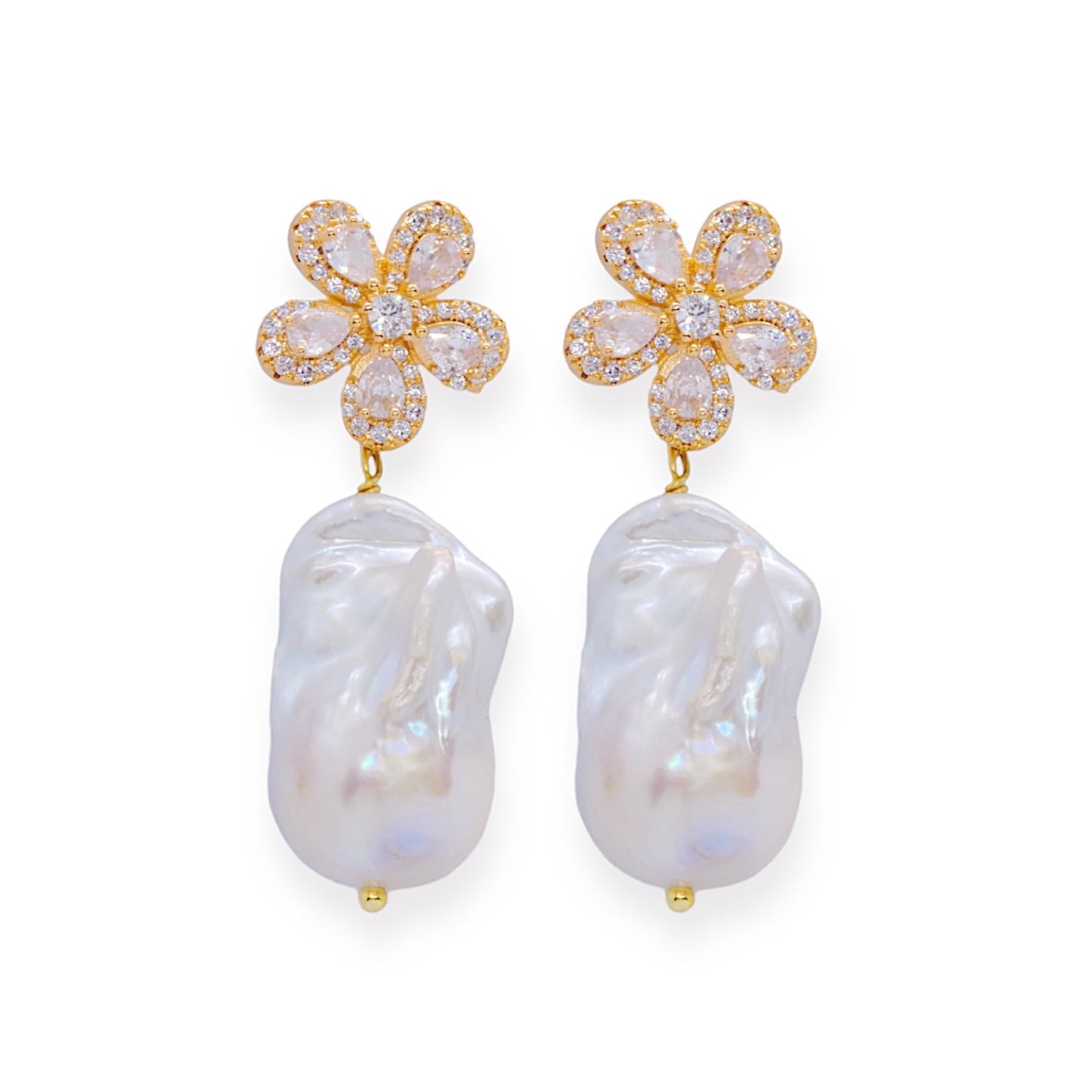 Women’s Gold / White Crystal Flower Fireball Baroque Pearl Earrings 18K Gold Valerie Chic