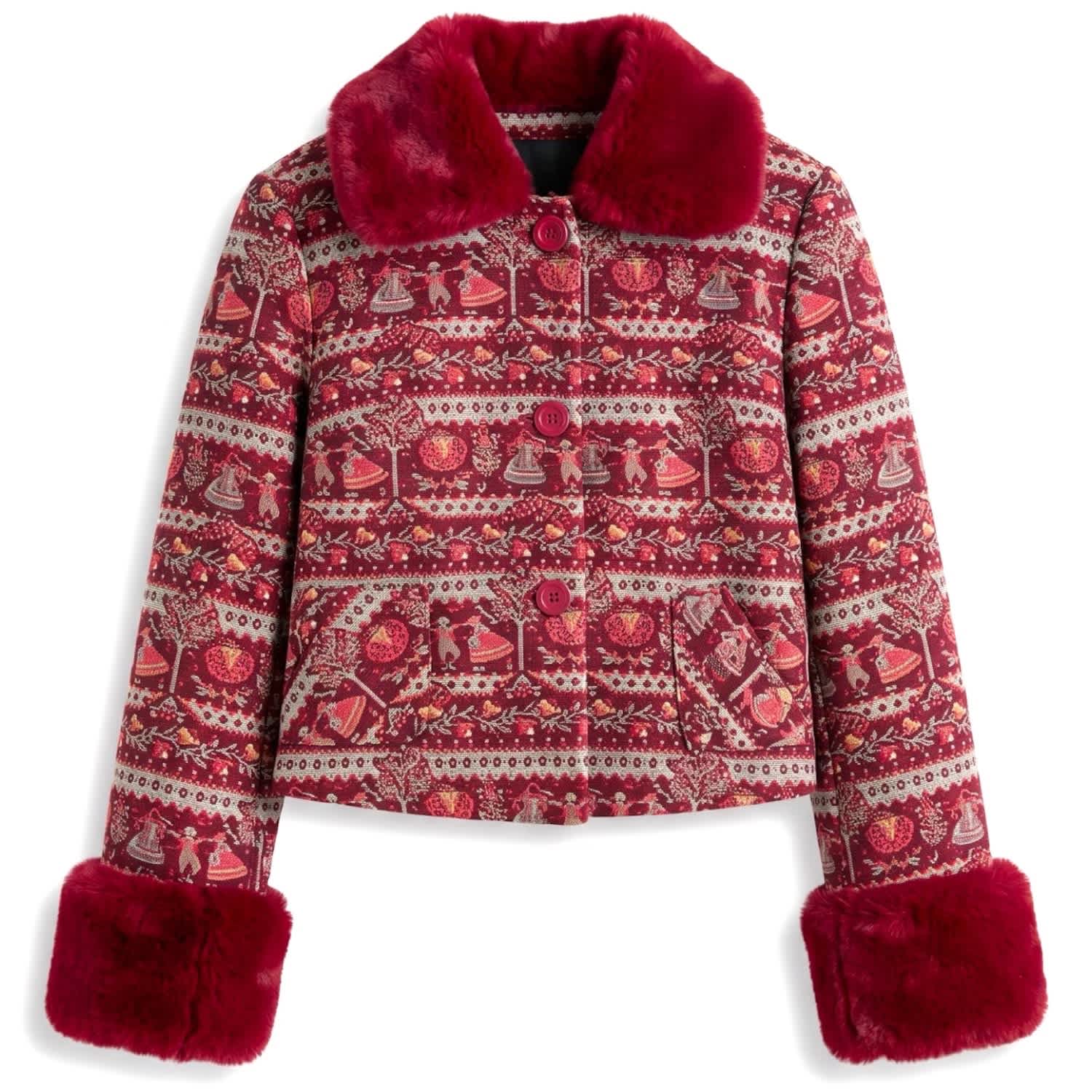 Kent Heirloom Jacquard Fur Trim Cropped Jacket - Wine | Louche