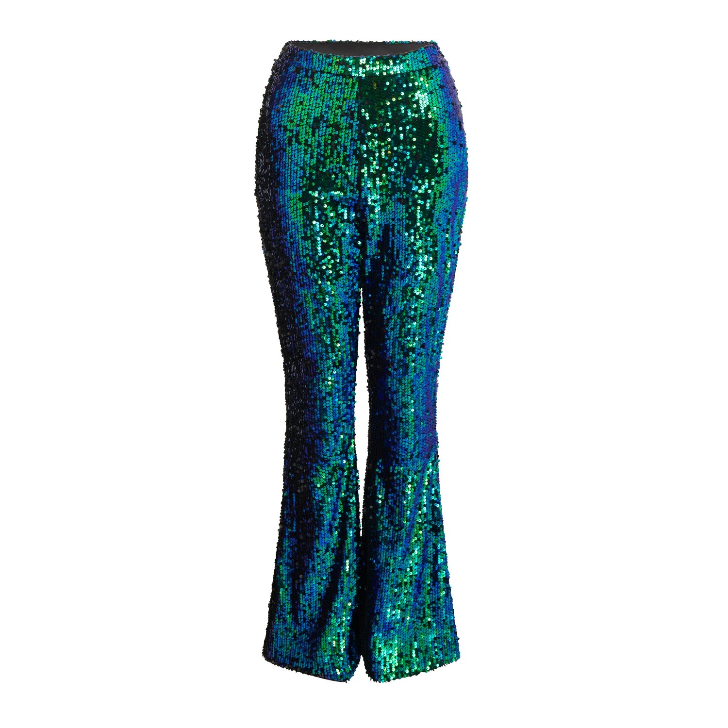 Sour Figs Women's Green / Blue Iridescent Sequin Flared Trousers In Green Peafowl In Green/blue