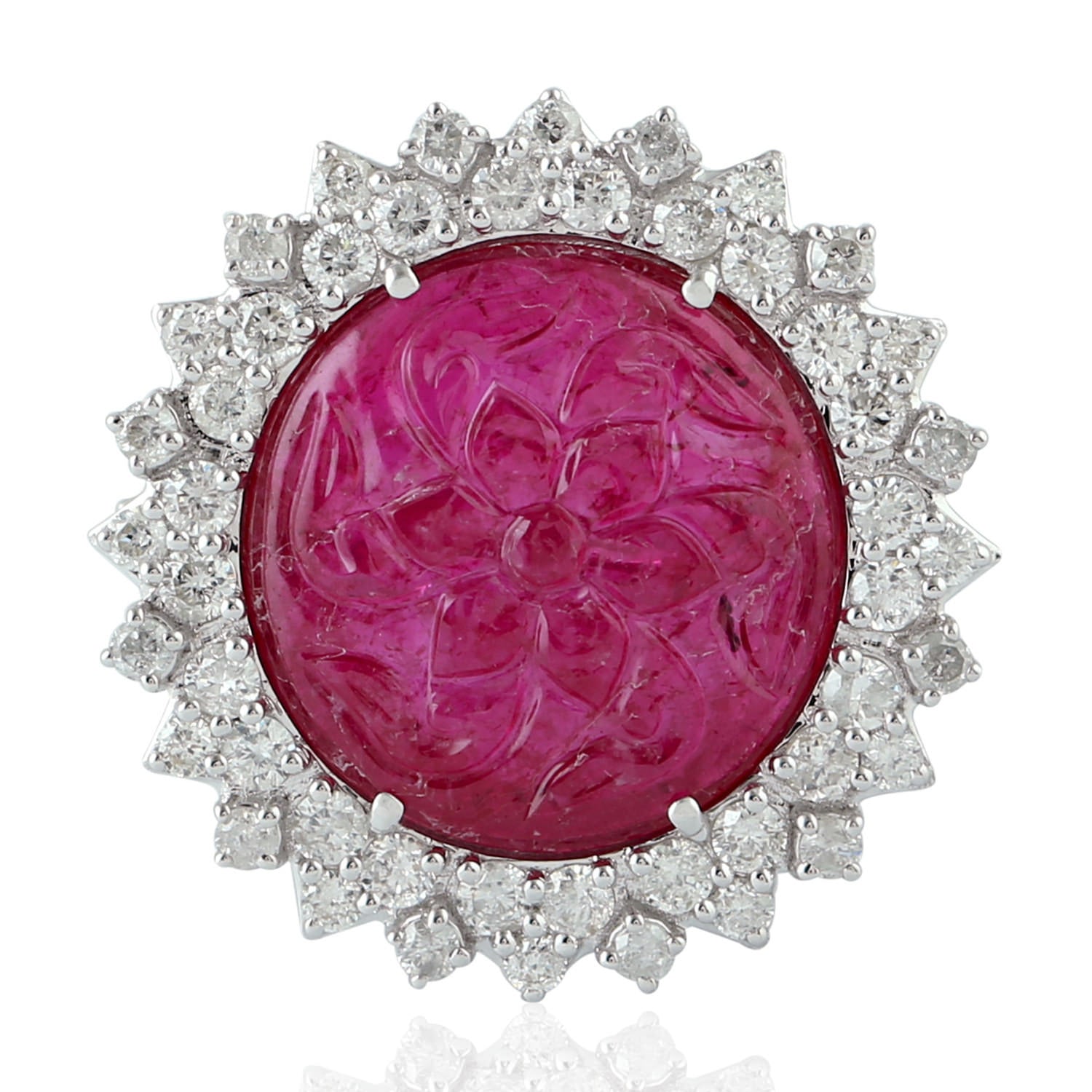 Women’s White / Gold / Pink 18Kt White Gold Natural Diamond Cocktail Ring Carving Ruby Flower Artisan