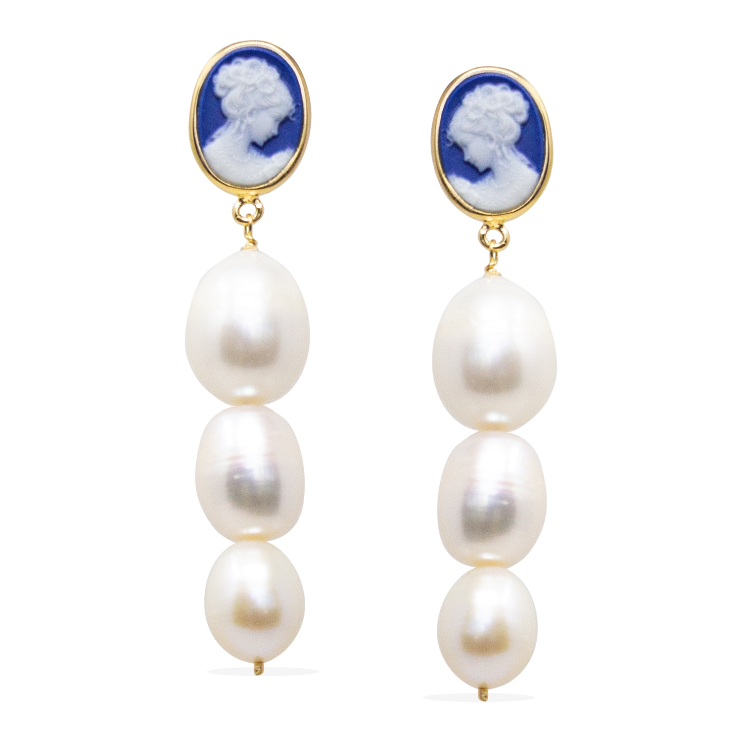 Women’s Blue / Gold Portrait Of A Girl Blue Cameo And Pearl Earrings Vintouch Italy