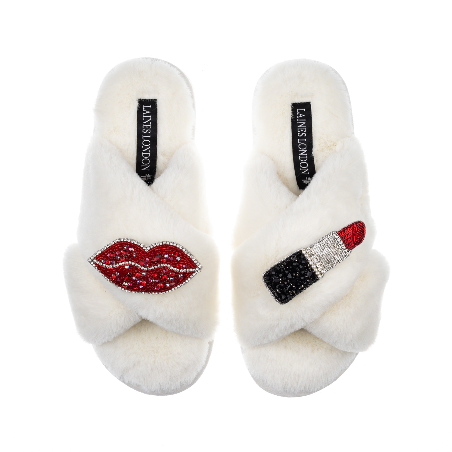 Laines London Women's White Classic Laines Slippers With Red & Silver Pucker Up Brooches - Cream