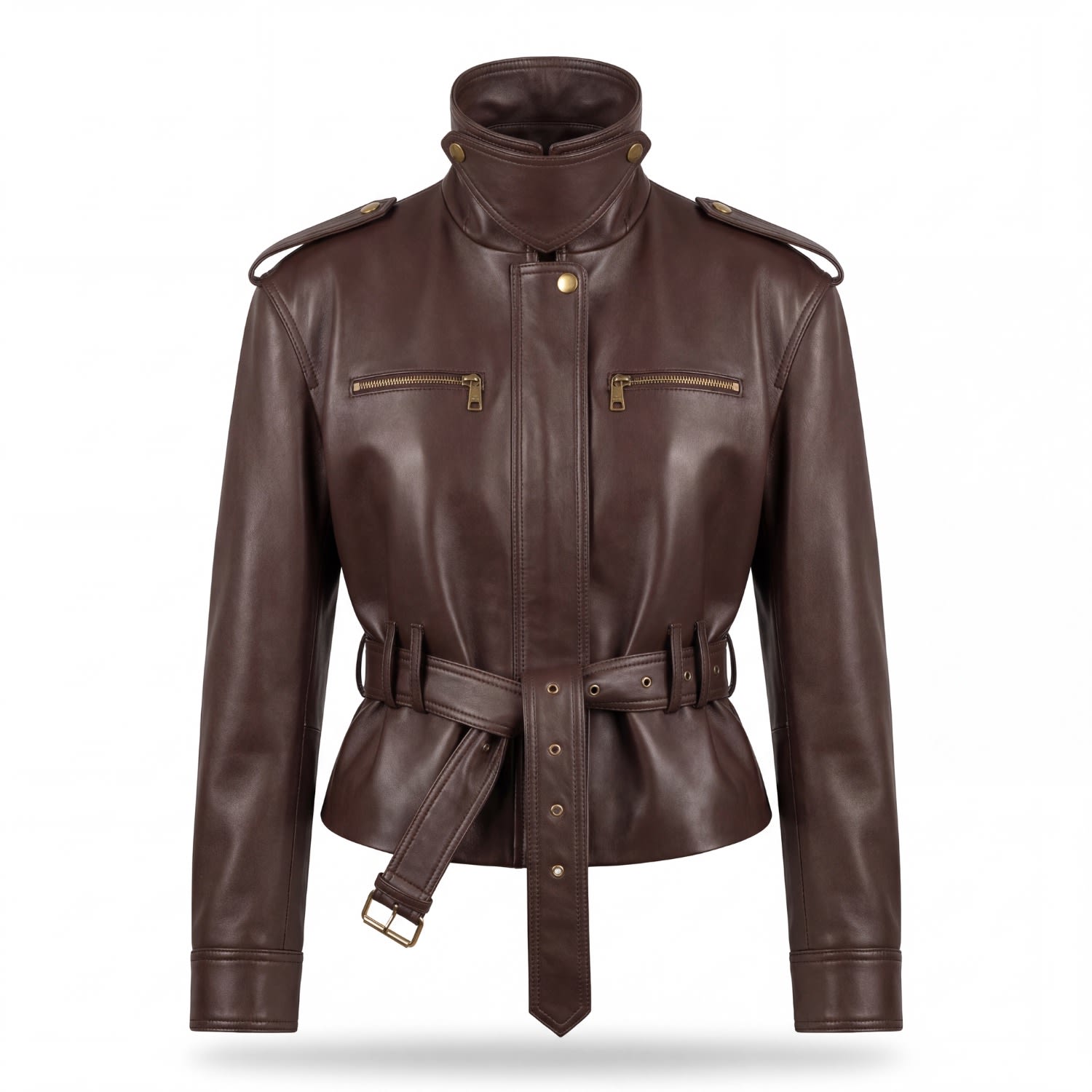 Women's Brown Yukon Structured Leather Jacket With Belted Waist | S/M | Irmak Su Guclu