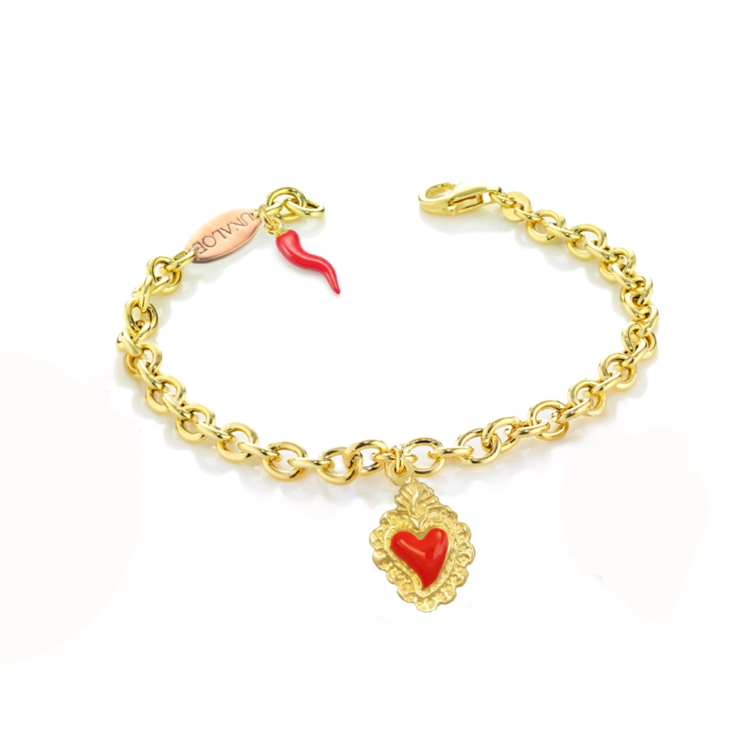 Unaloe Women's Gold / Red Gold-plated Silver Bracelet With Red Sacred Heart Pendants And Lucky Horn