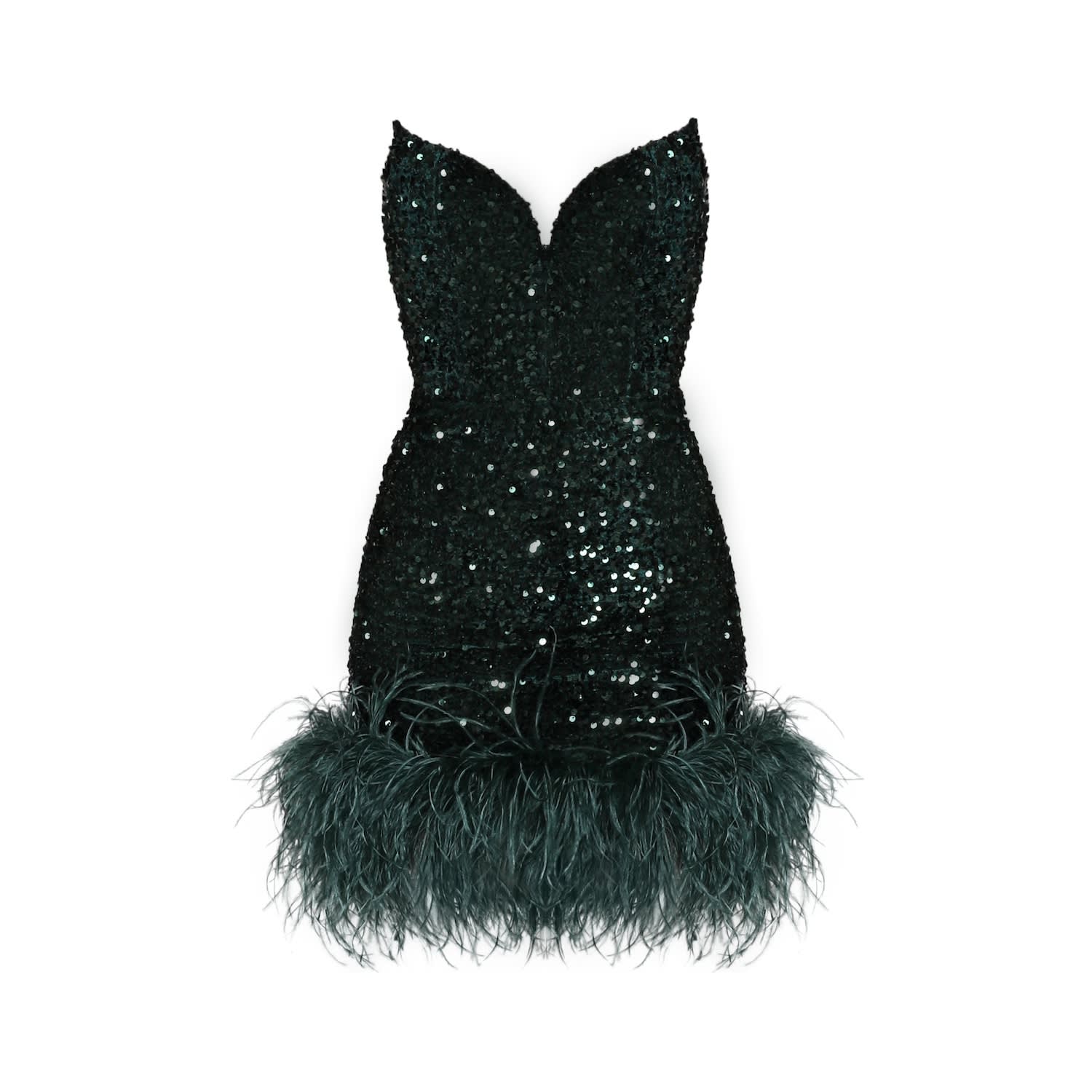 Moda Glam Women's Green Ziva Strapless Sequin Mini Dress W/ Feather Trim- Emerald In Green