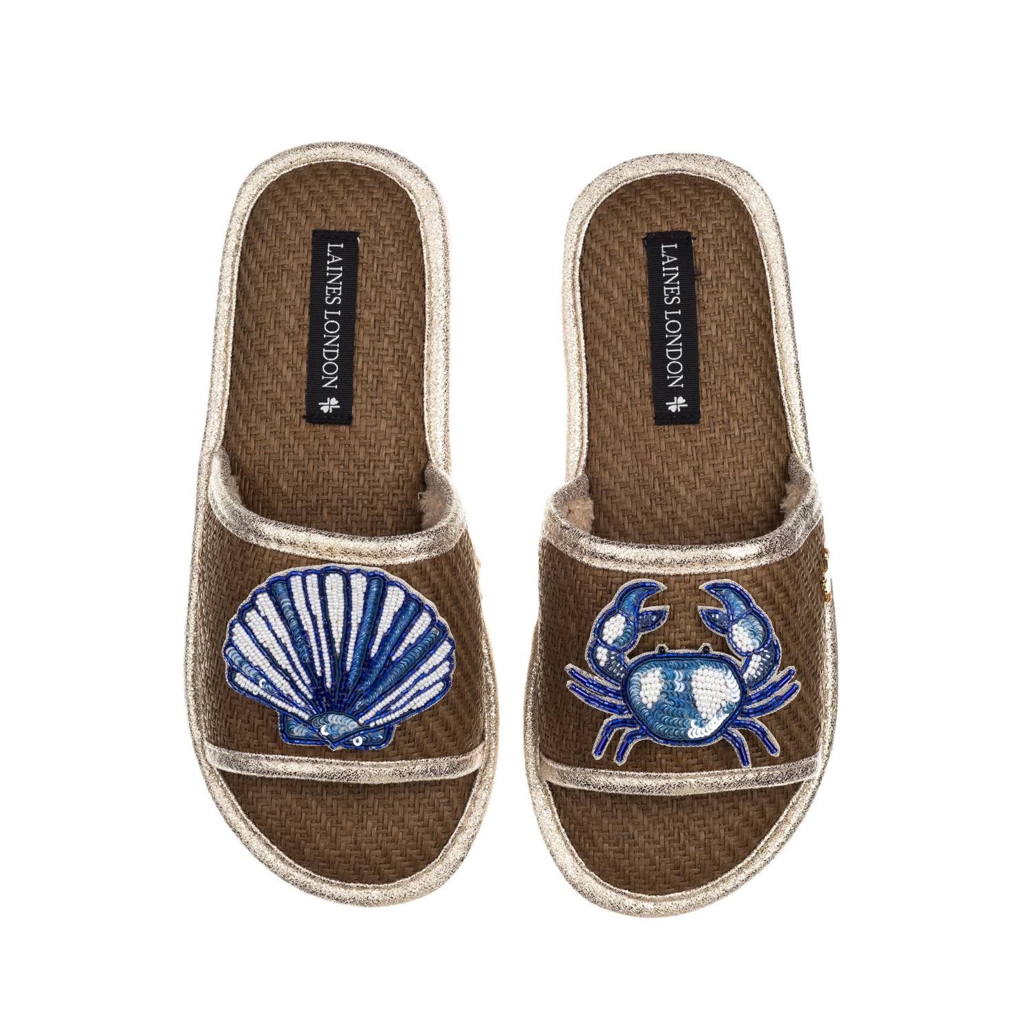 Laines London Women's Brown Straw Braided Sandals With Mediterranean Blue Shell & Crab Brooches - Caramel In Brown