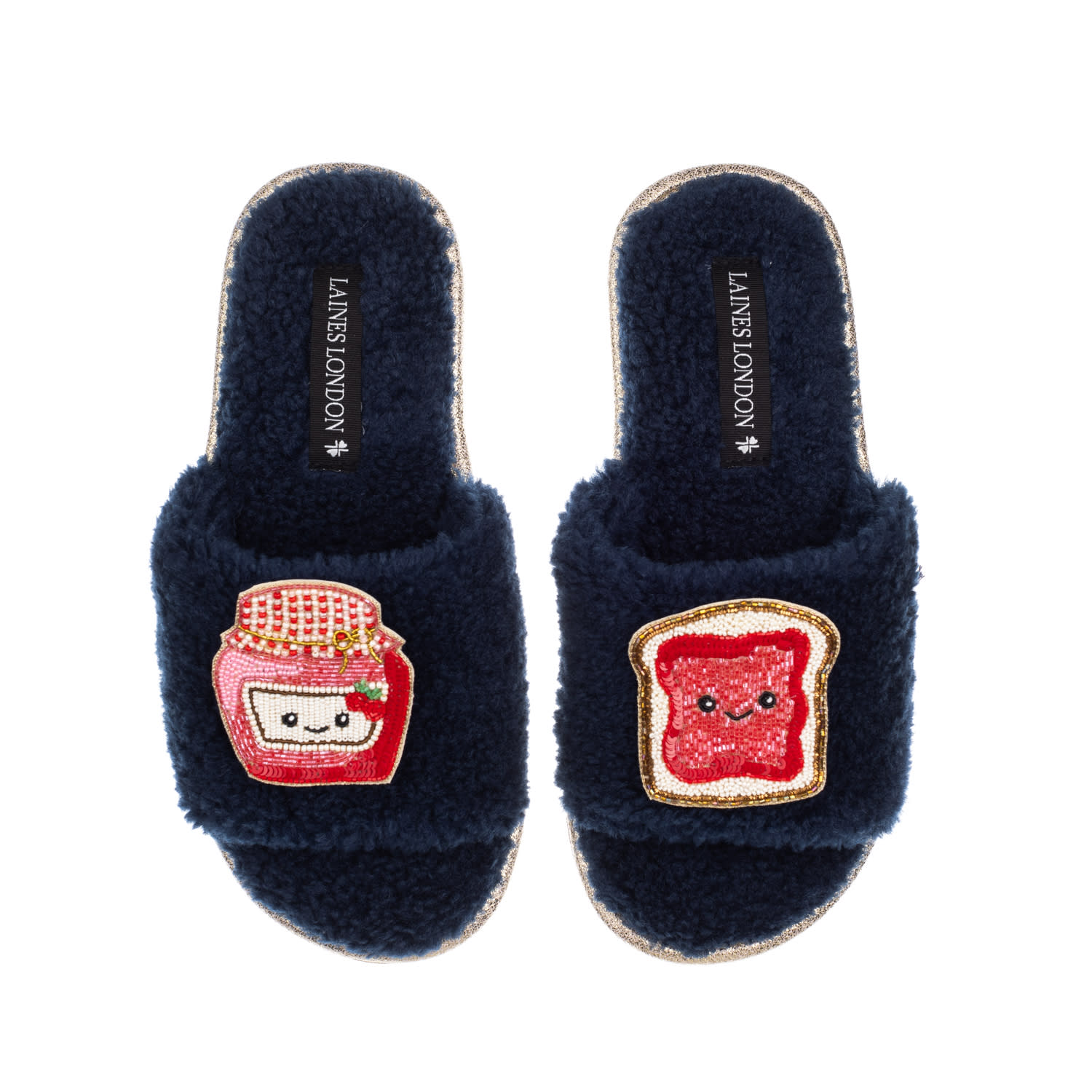 Laines London Women's Blue Teddy Slider Slippers With Laines Loveables Jam & Toast Brooches - Navy In Blue