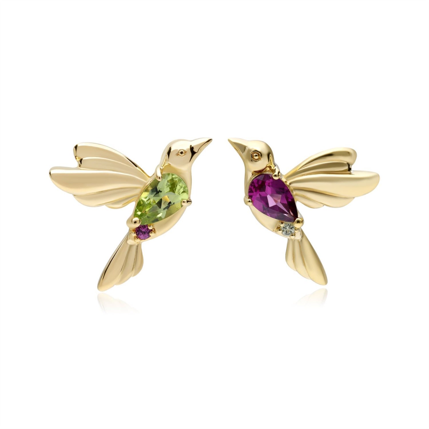 Women’s Ecfew Gold Plated Sterling Silver Mismatched Peridot & Rhodolite Hummingbird Stud Earrings Gemondo