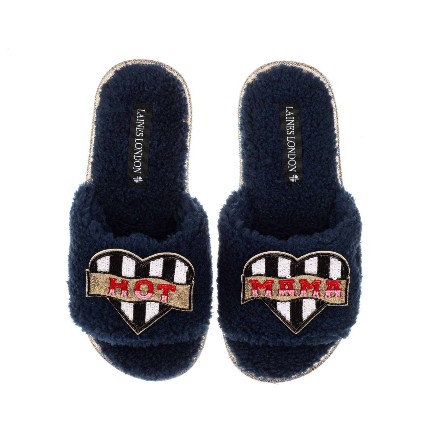 Laines London Women's Blue Teddy Towelling Slipper Sliders With Hot Mama Brooches - Navy In Blue