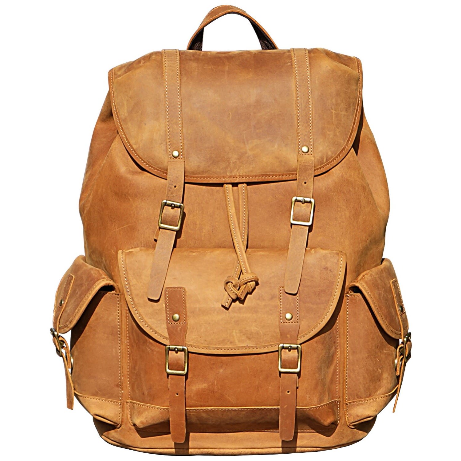 Touri Women's Brown Genuine Leather Backpack With Draw String Open
