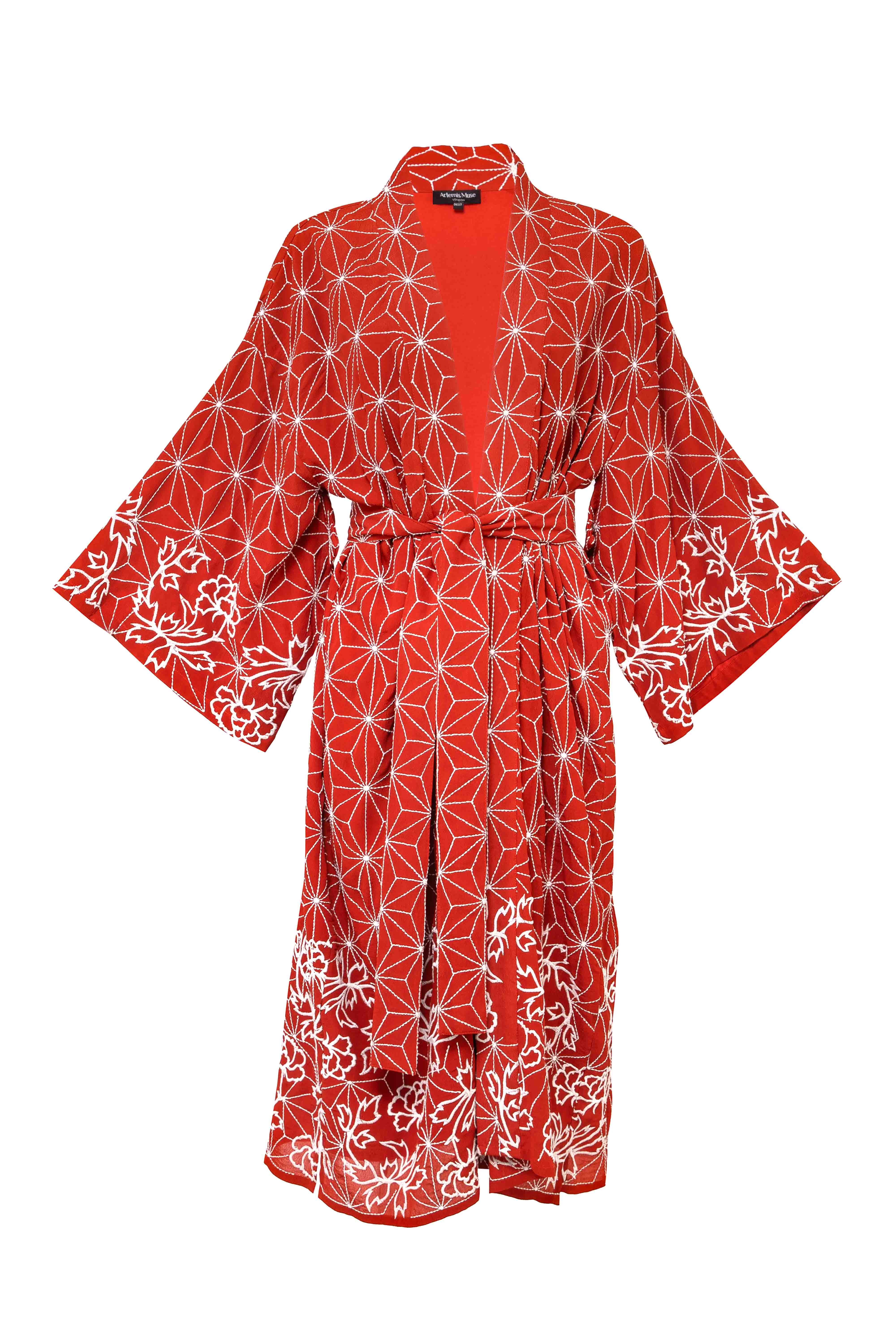 Women's Asanoha & Peony Embroidered Terracotta Fully Lined Long Kimono | One Size | Artemis Muse