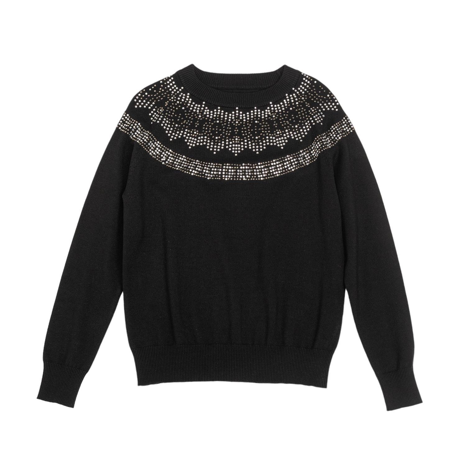 Women’s Round Neck Sweater With Rhinestones On Neckline Black Large Niza