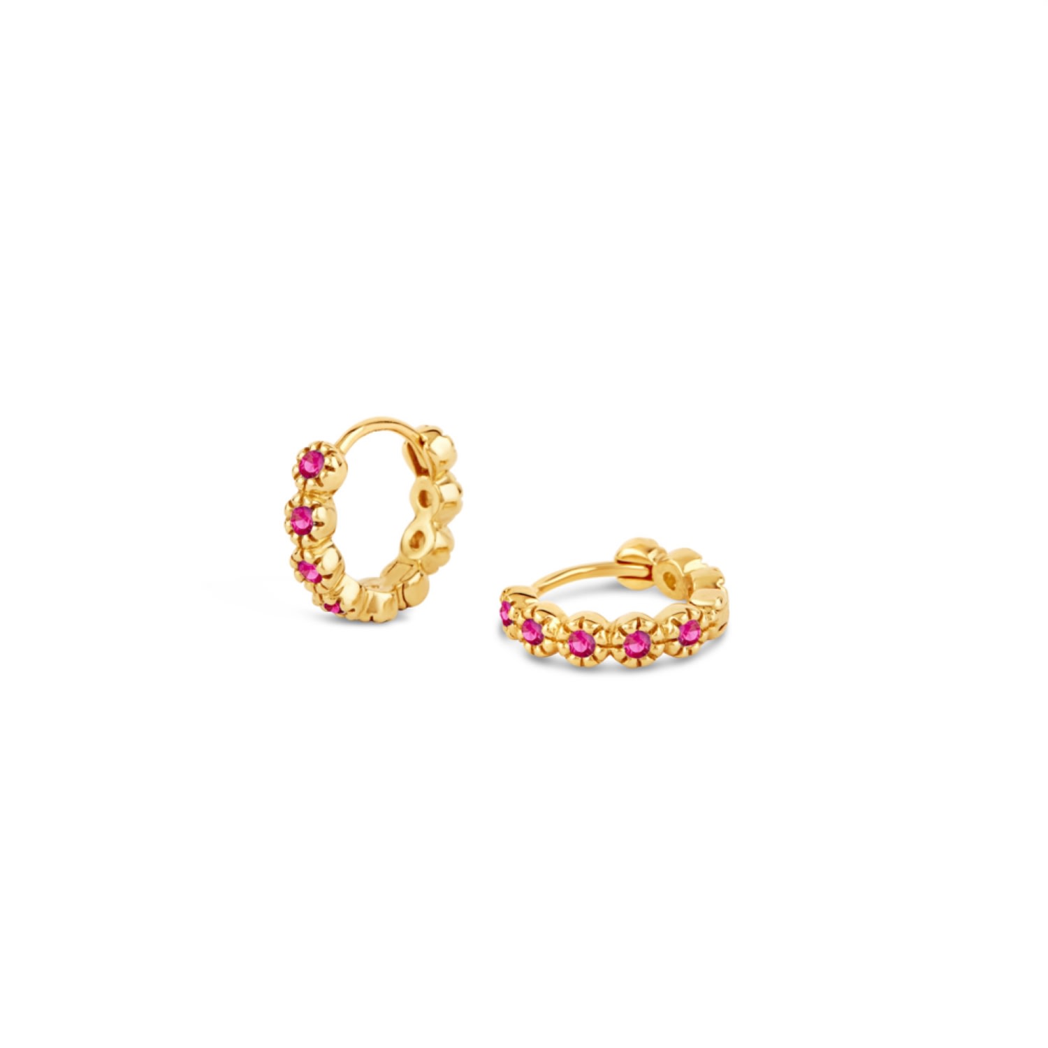 Dinny Hall 14ct Gold Forget Me Not Ruby Huggie Hoop Earrings In Gold