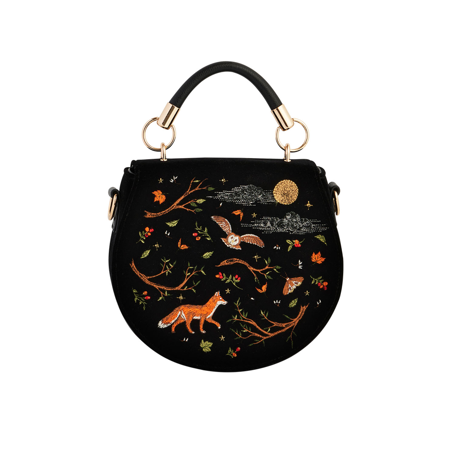 Fable England Women's Black Fox & Owl Embroidered Top Handle Saddle Bag