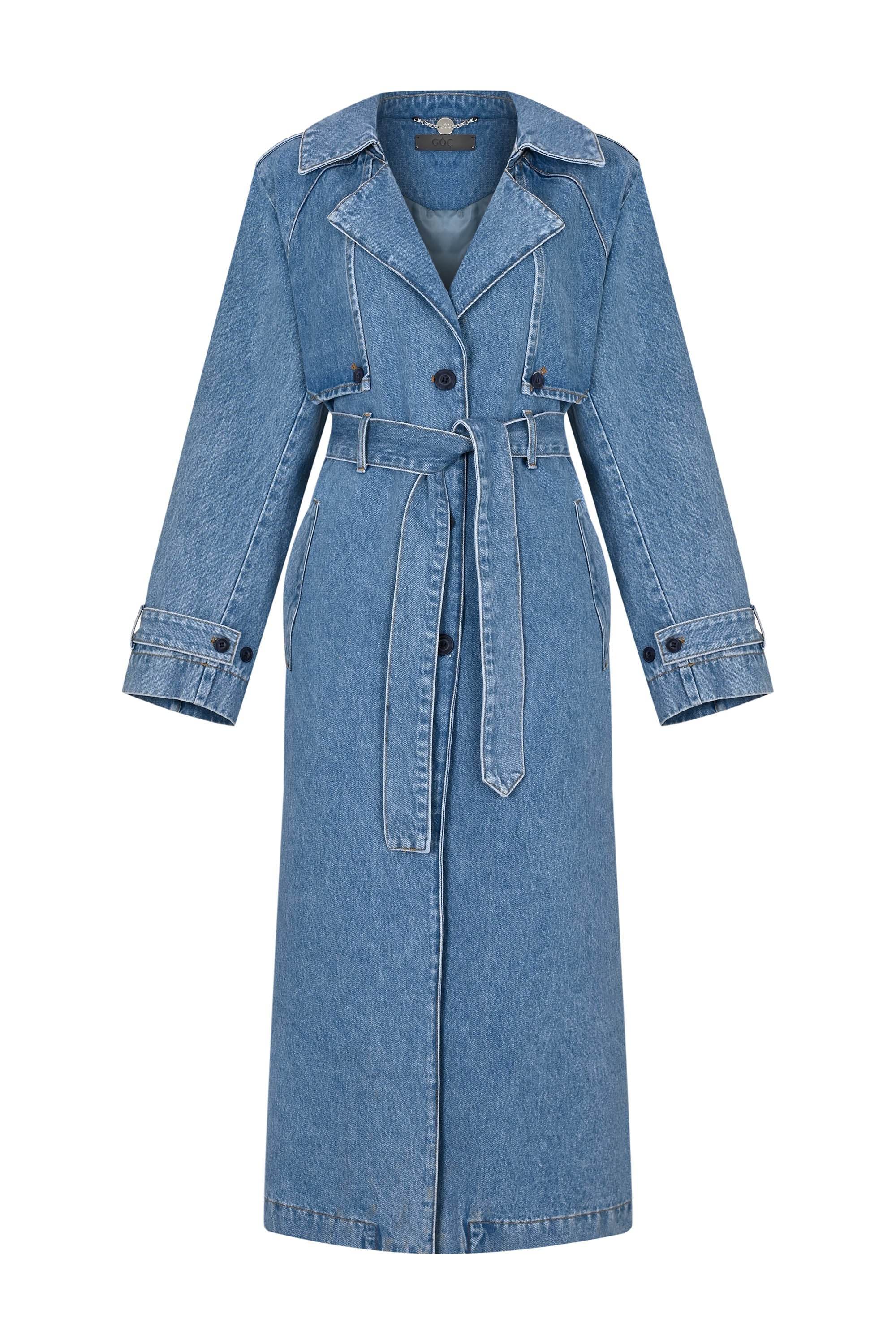 Goc Denim Women's Blue Oversized Denim Trench Coat - Classic Washed