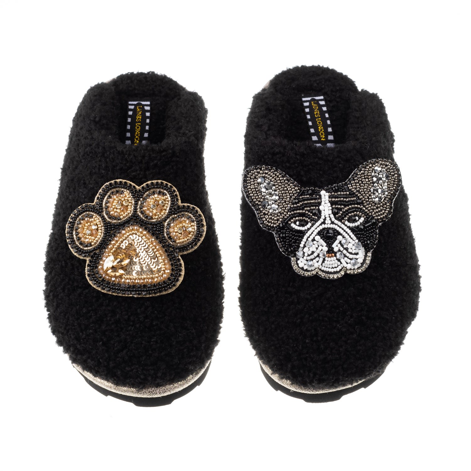 Laines London Women's Teddy Towelling Closed Toe Slippers With Coco & Paw Brooches - Black In Black