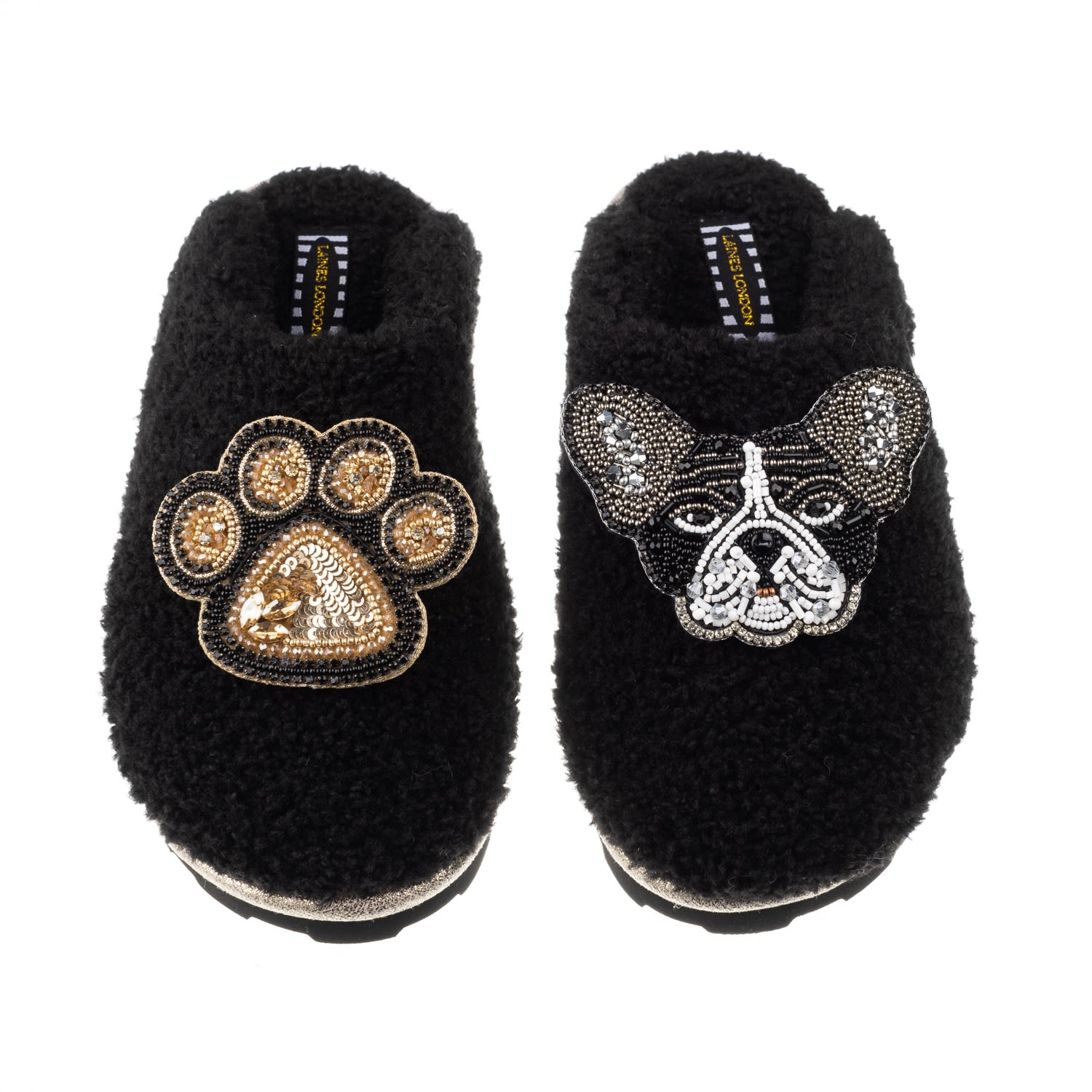 Women’s Teddy Towelling Closed Toe Slippers With Coco & Paw Brooches - Black Medium Laines London